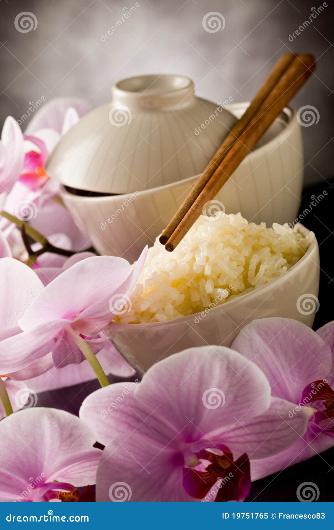 Asian Rice Dish with Orchid Flowers Stock Image Image of oriental
