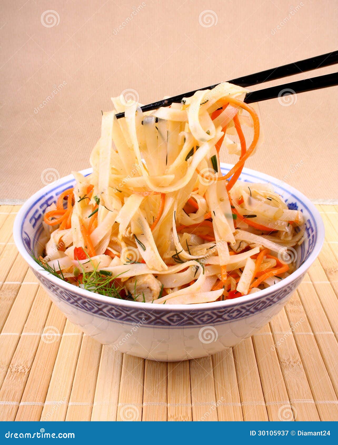 Rice Noodle with Chicken Meat and Chopsticks, Top View Stock Image