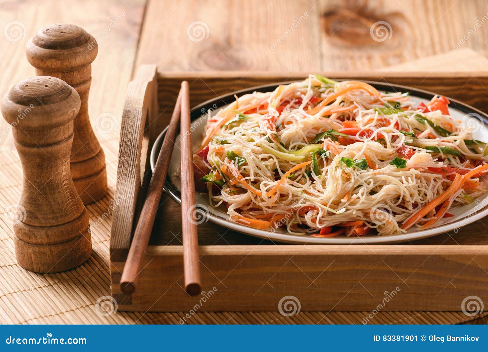 Asian Salad with Rice Noodles and Vegetables. Stock Image Image of