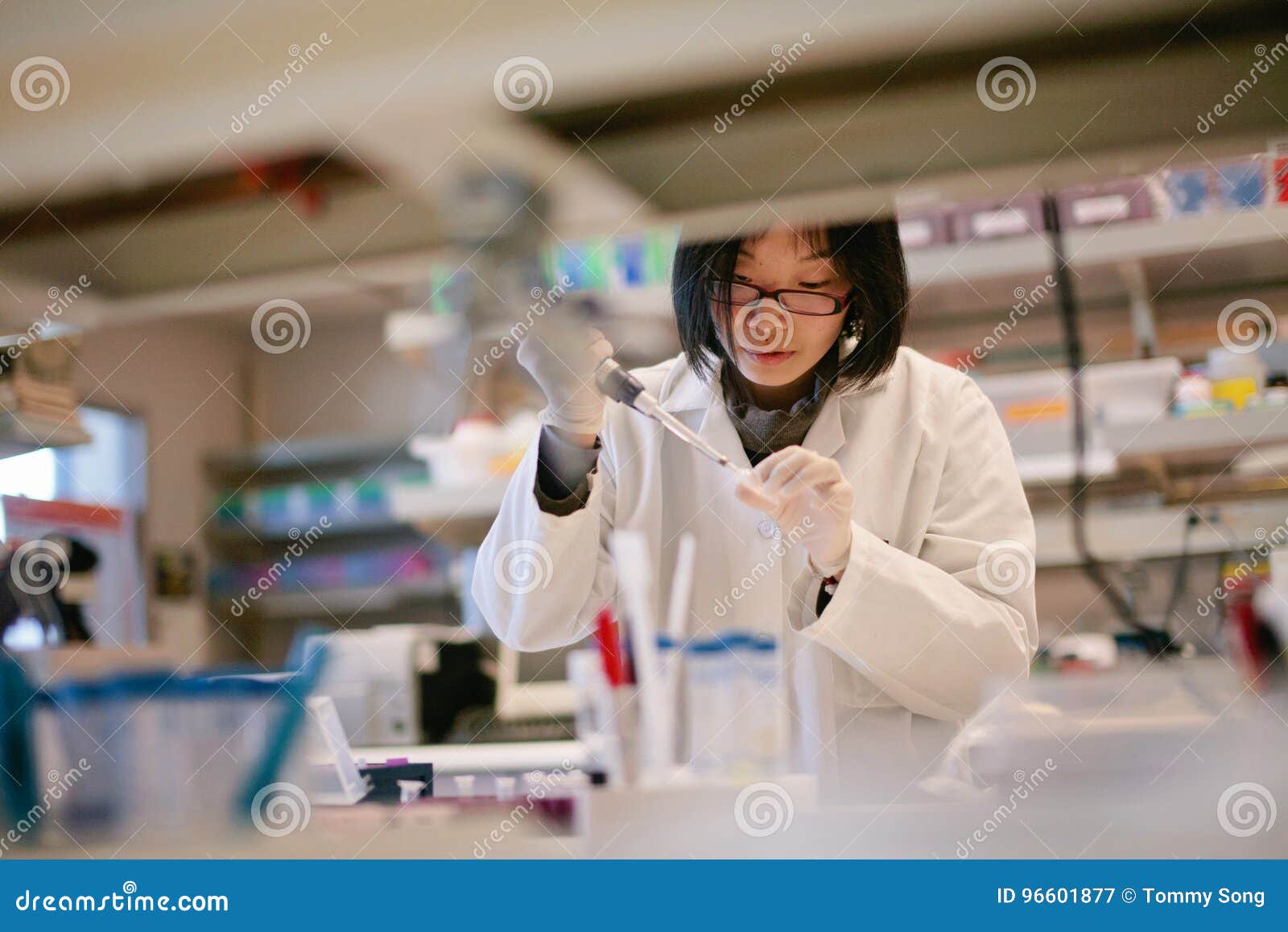asian scientist pipetting at a biomedical laboratory