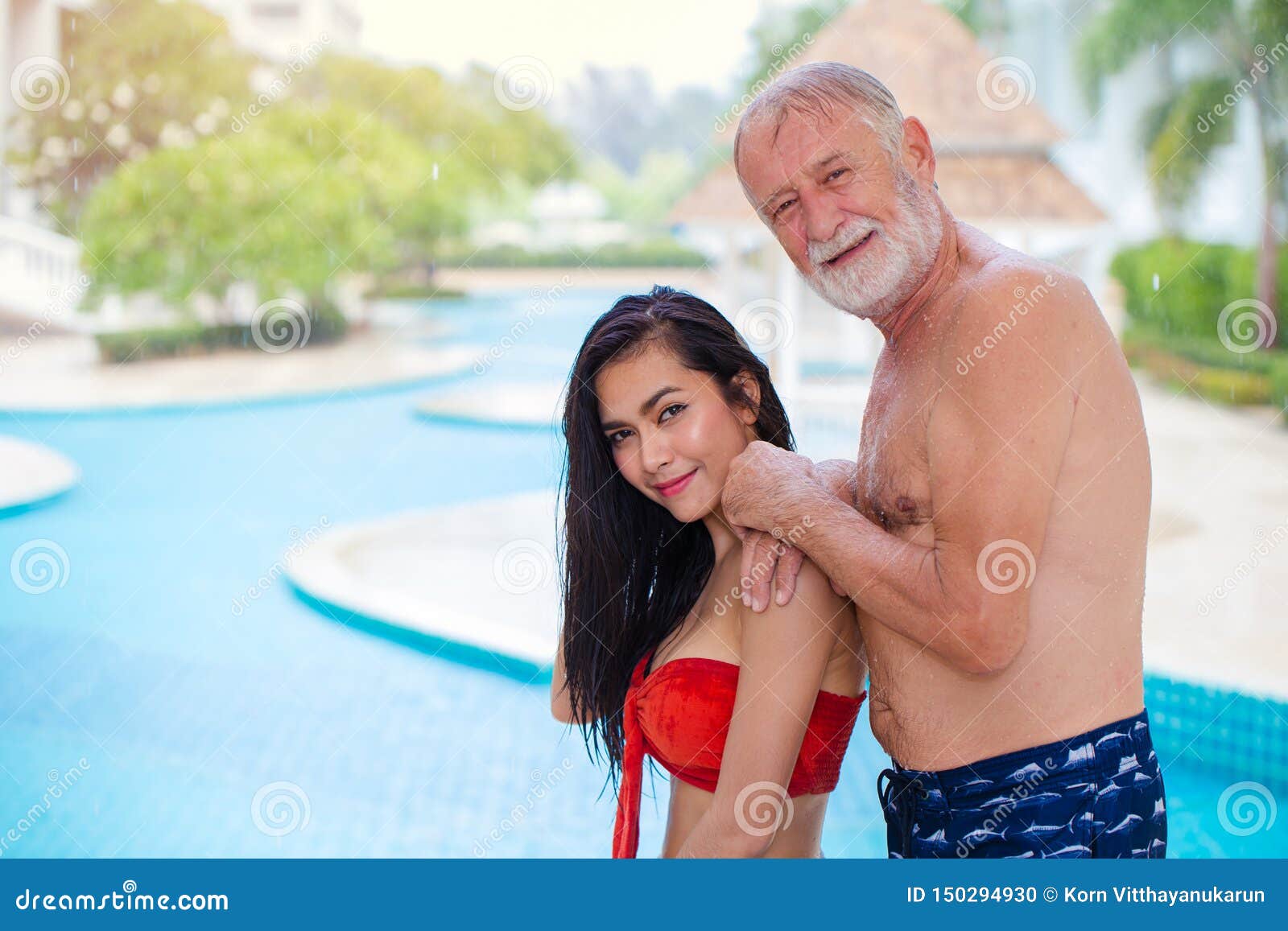 Asian Wife Girl with Elder Man Husband Stock Photo picture