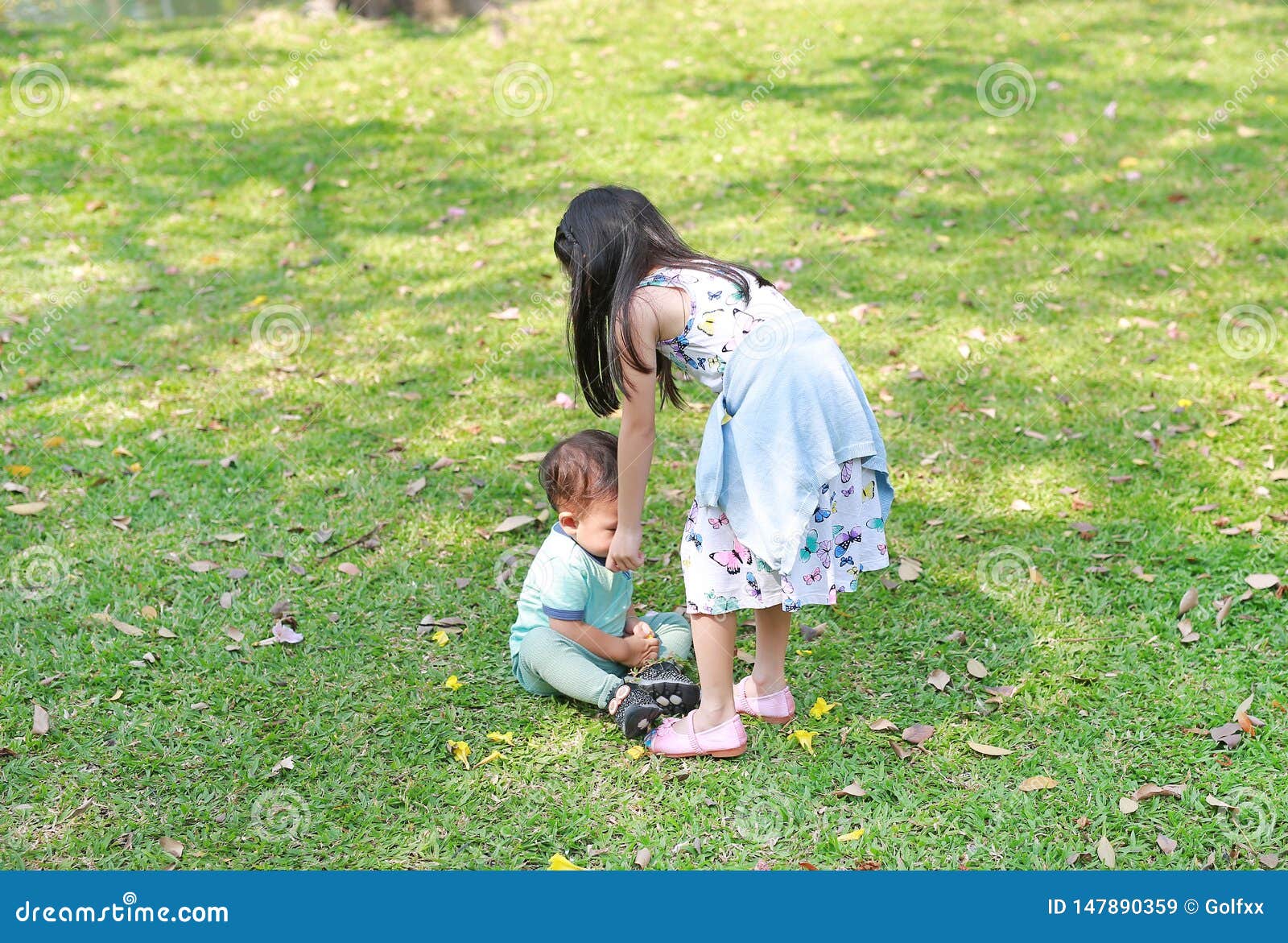 Asian Sister Take Care Her Little Brother In The Garden Outdoor Stock