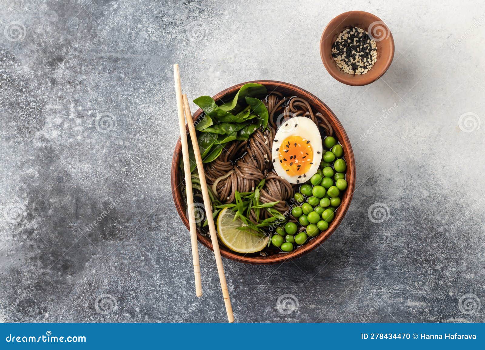 Asian Soba Noodle Soup, with Chicken, Boiled Egg, Sesame Seeds, Green