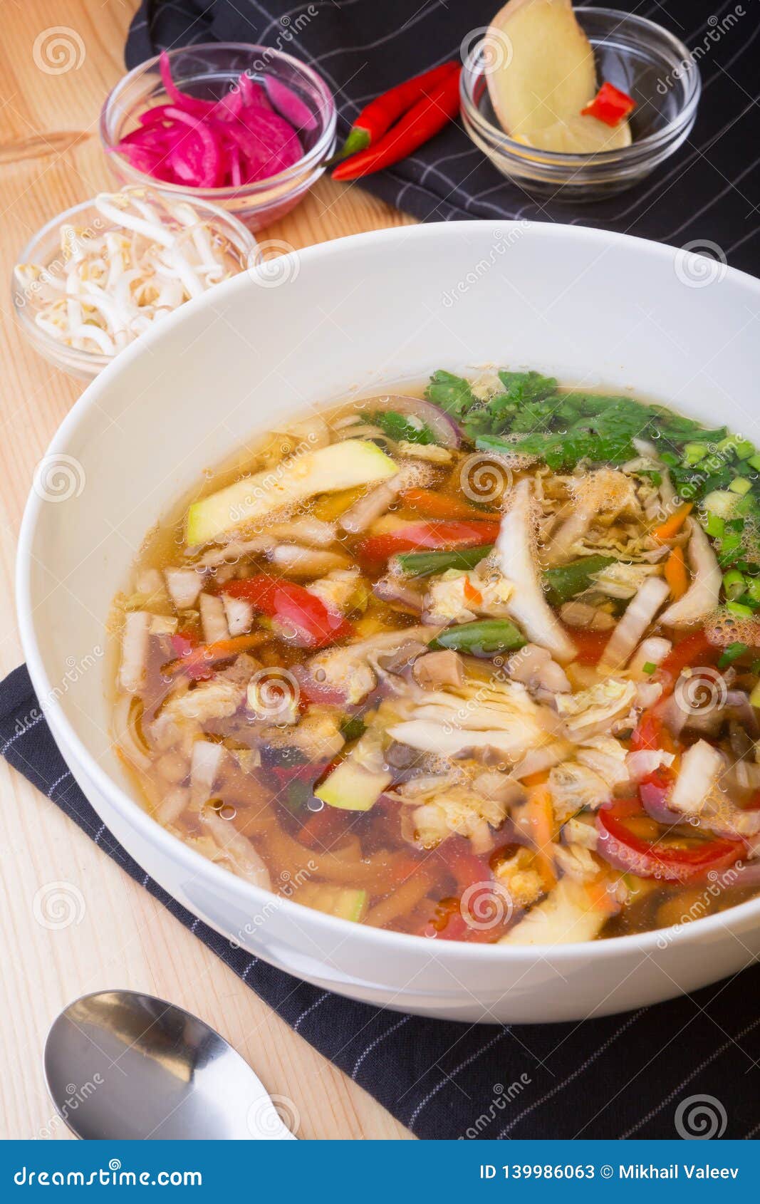 Asian Soup of Mixed Vegetables Served with Ingredients Stock Image