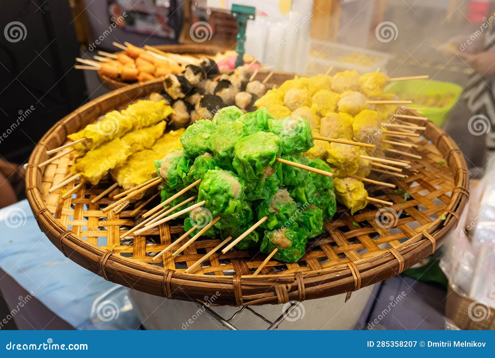 Asian Street Food Meat and Fish Balls on Skewers Stock Image - Image of
