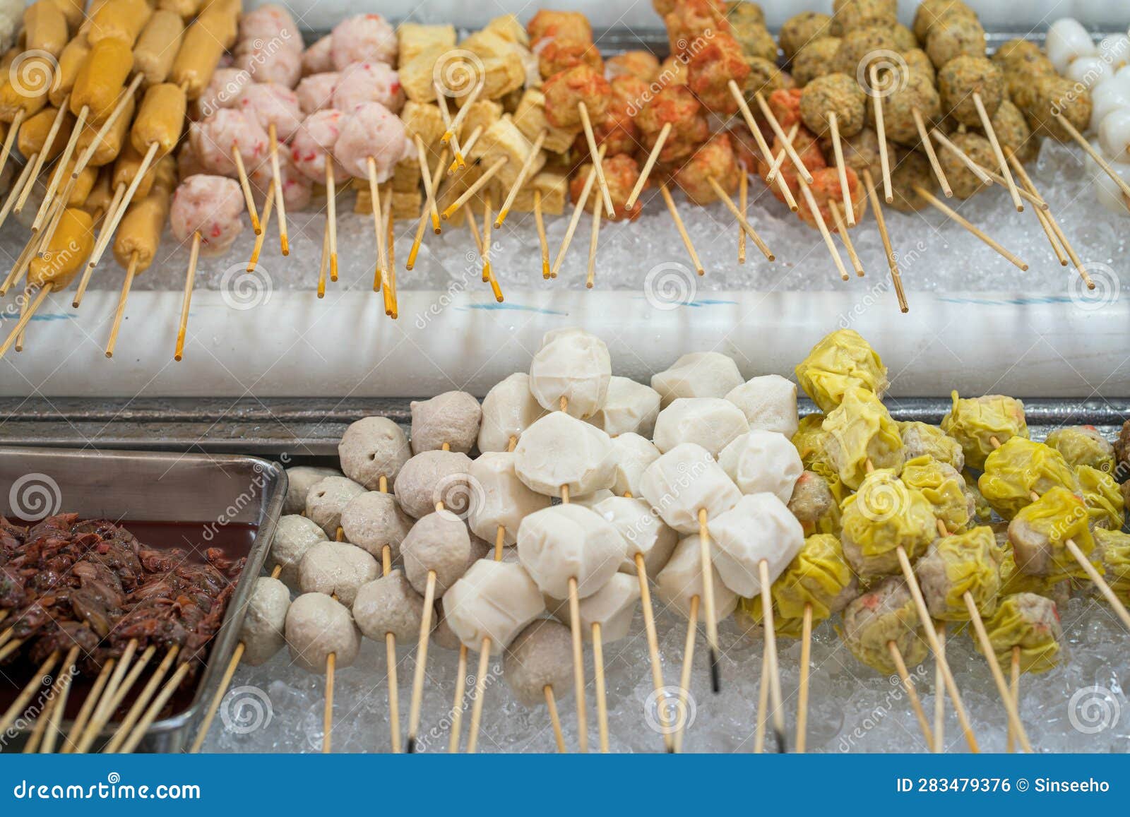Asian Street Food - Meat and Fish Balls on Skewers Stock Photo - Image