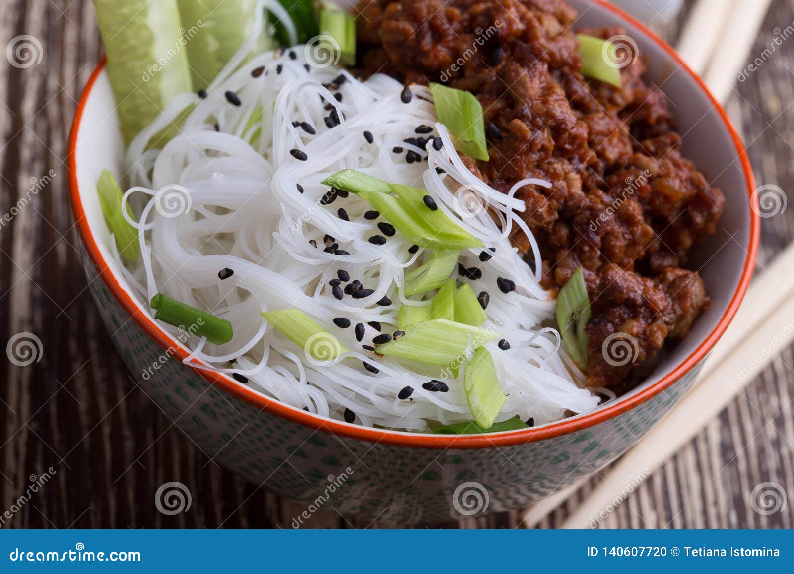 Asian Style Bowl with Ground Beef, Rice Noodles, Cucumber, Green Onions