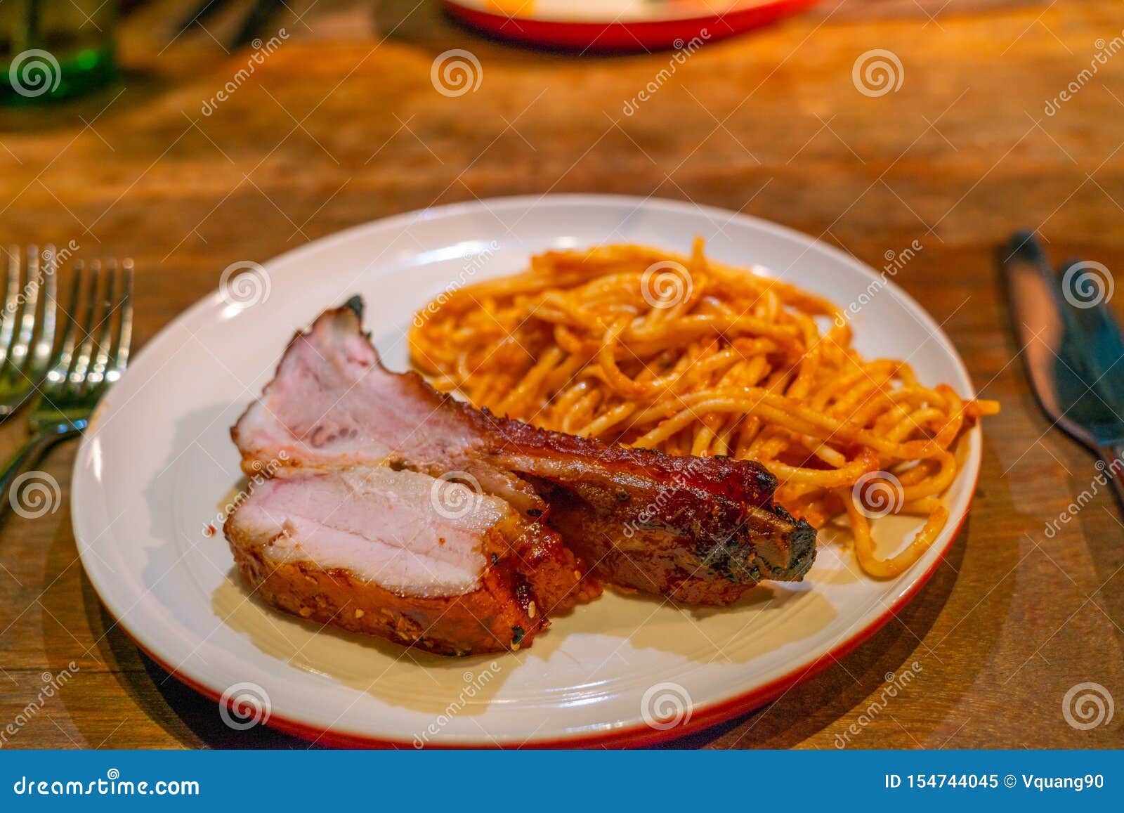 Asian Style Grilled Pork Rib and Pasta for Dinner Stock Image Image