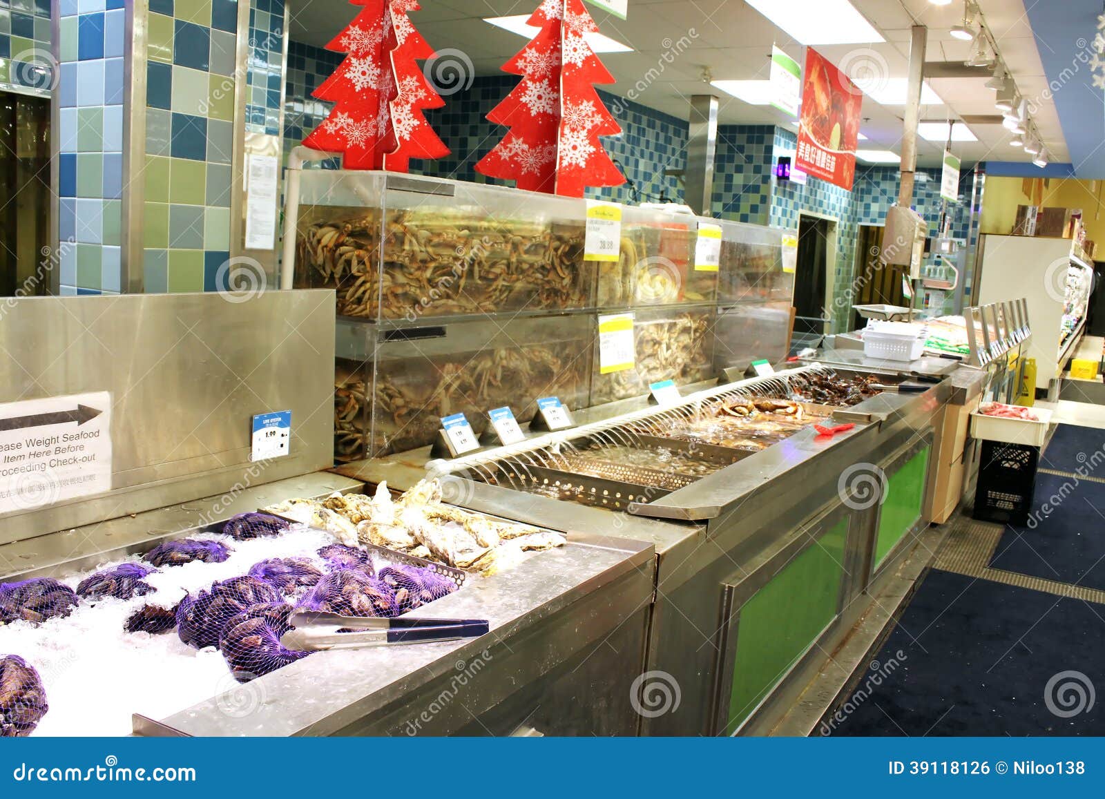 Asian supermarket seafood editorial photo. Image of