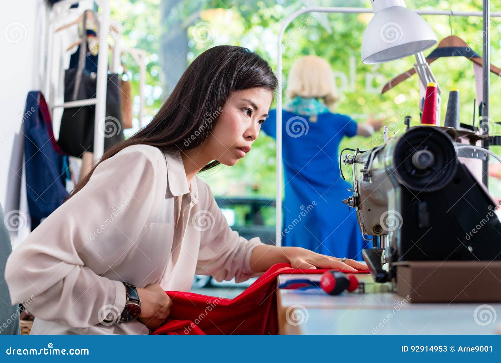 Asian Tailor Woman Sewing Dress with Machine Stock Image Image of