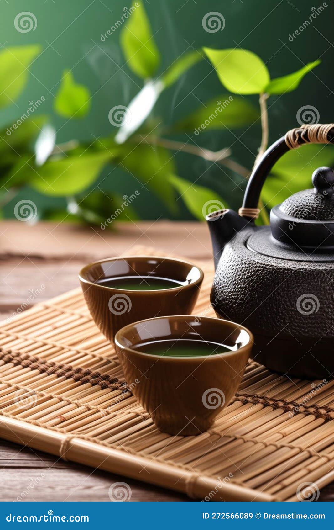 Asian Tea Set. Hot Tea In Pot And Teacups. Japanese Teapot And