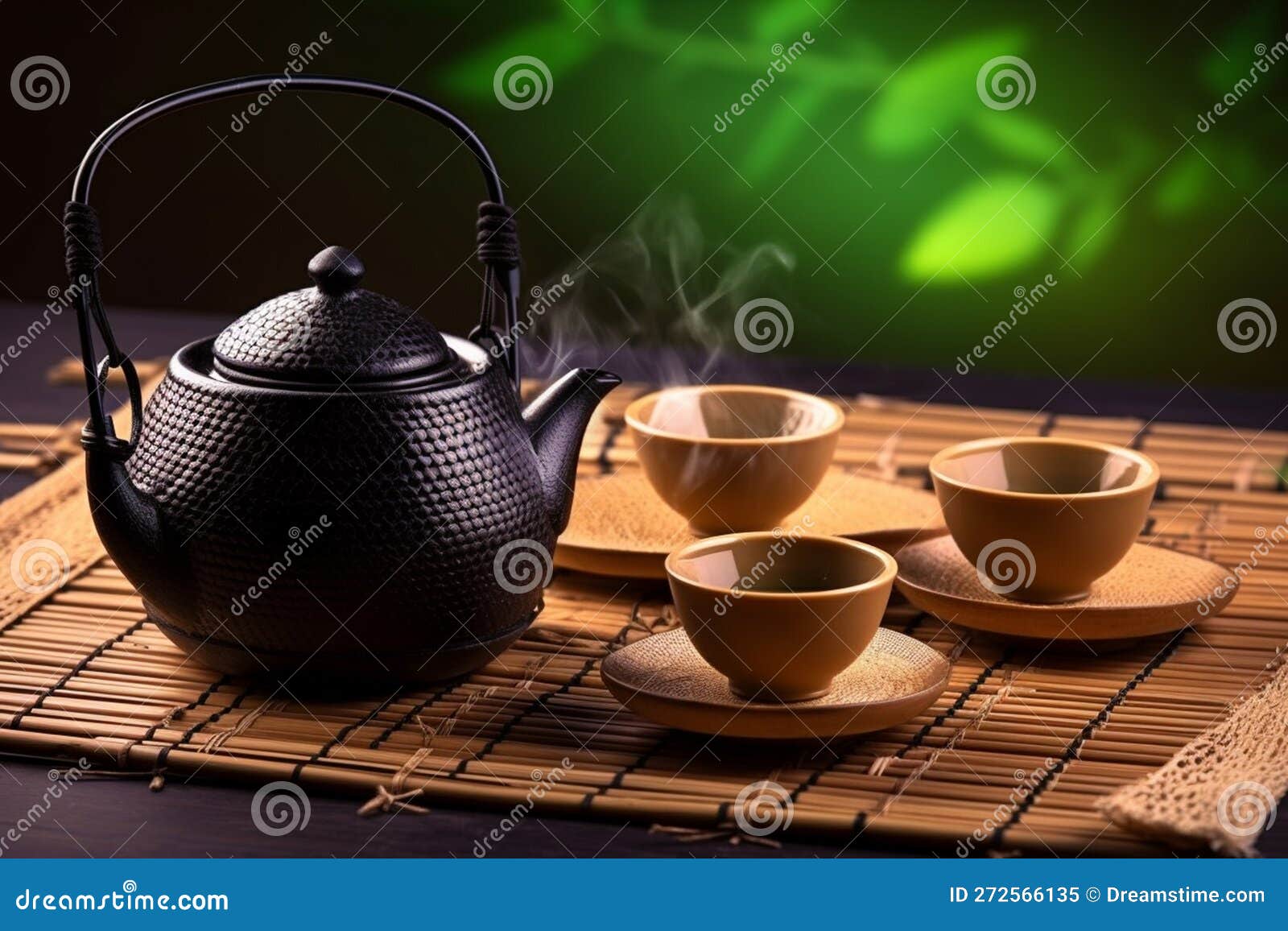 Asian Tea Set. Hot Tea In Pot And Teacups. Japanese Teapot And