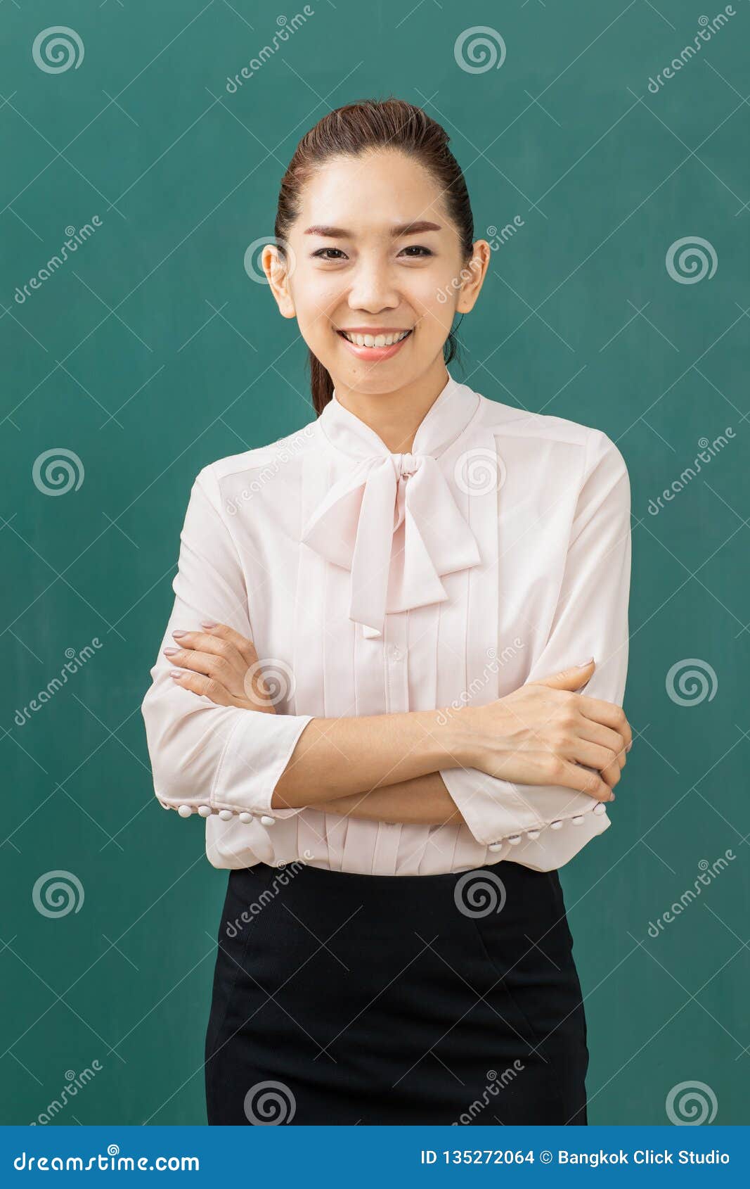 Asian Teacher Chalk on Green Board Stock Photo Image of looking