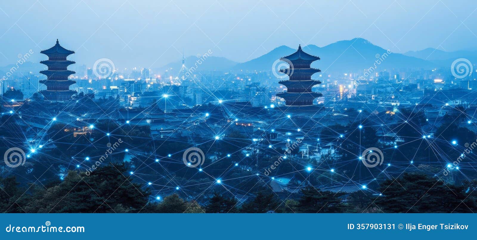 asian temple connected by futuristic network of nodes, representing digital interconnectivity