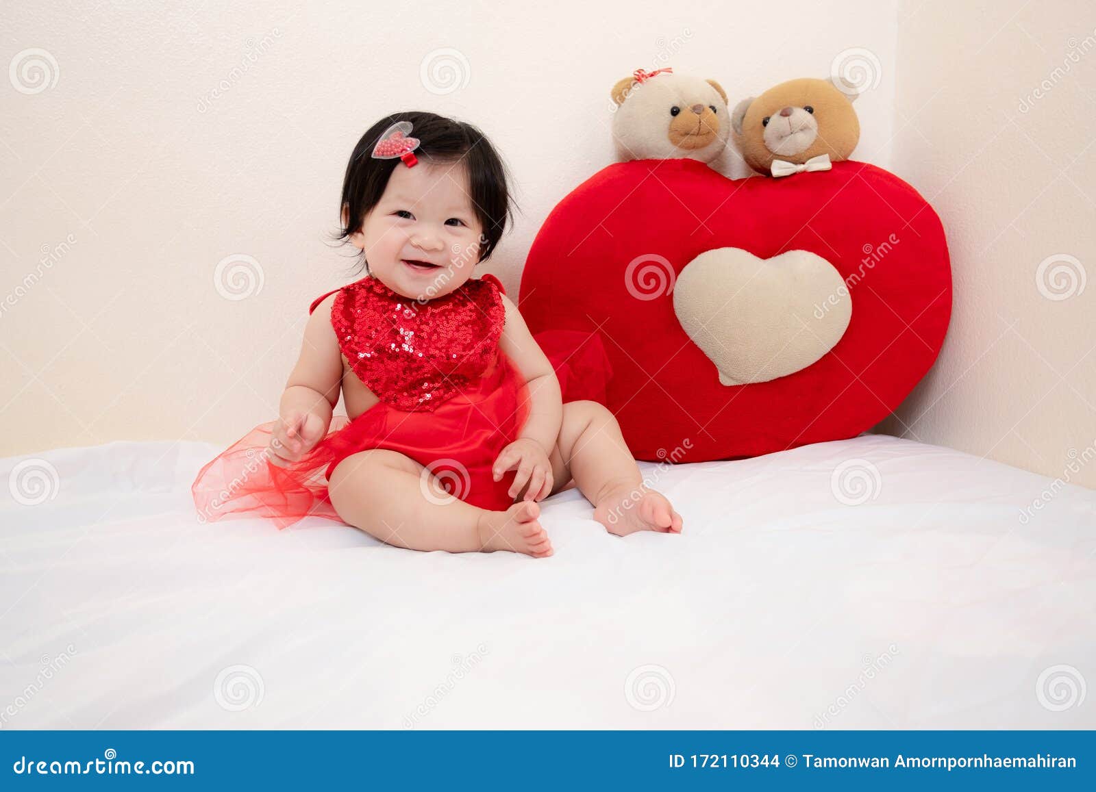 Asian Thai Sweet Baby Girl in Red Dress, Valentine’s Day Stock ...