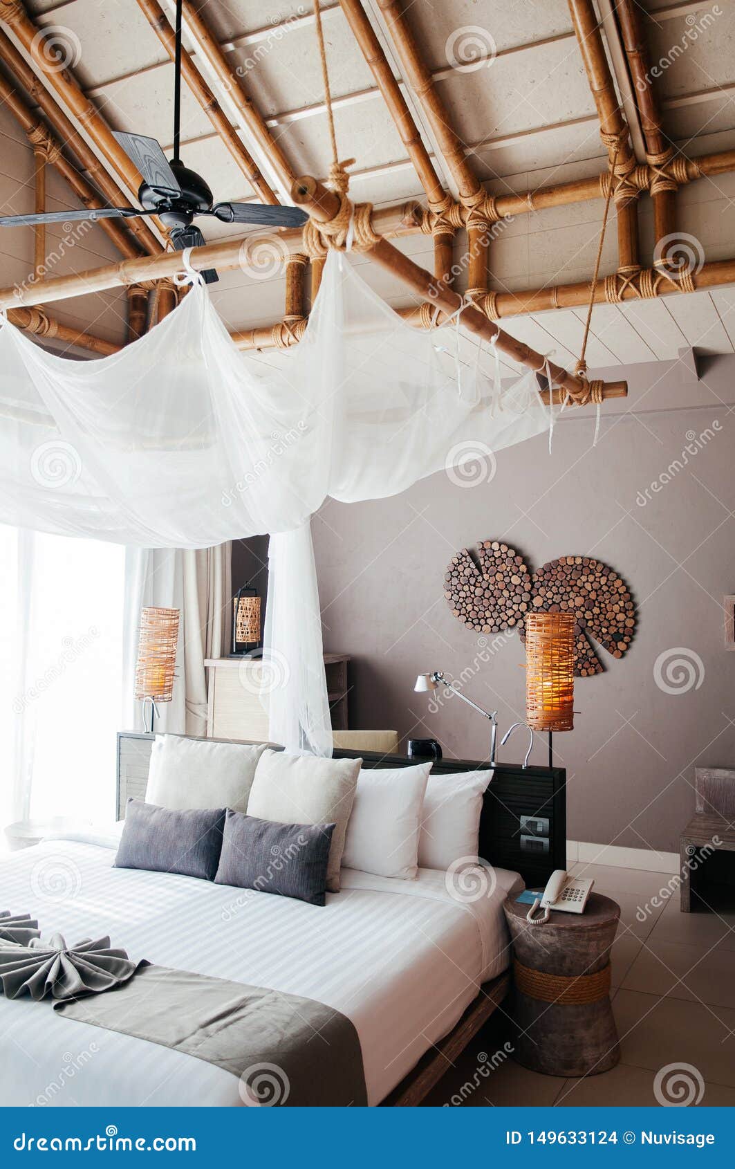 Asian Thai Tropical Luxury Resort Room With Wooden Bed And White