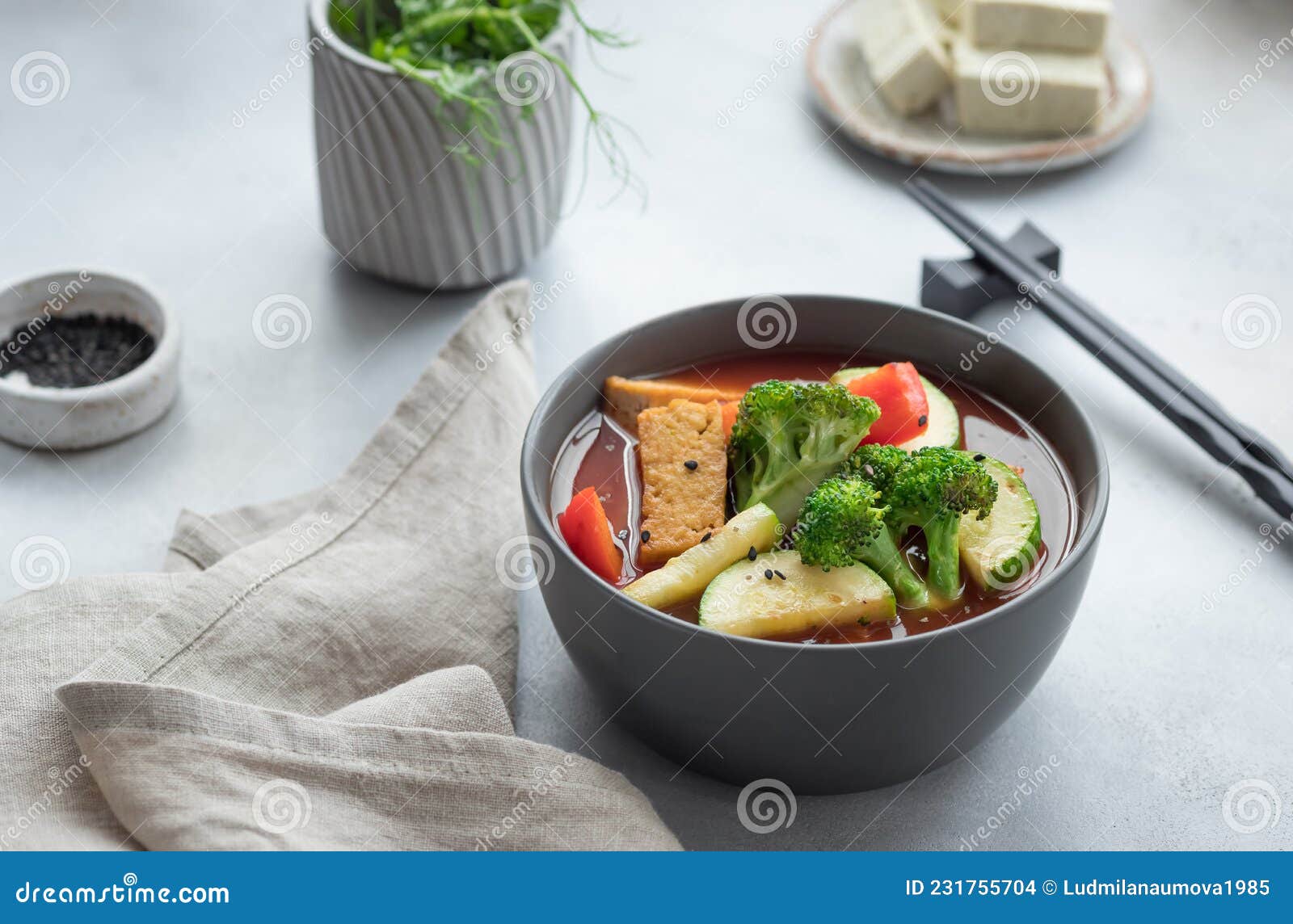 Asian Vegan Soup with Tofu Cheese and Vegetables Stock Photo - Image of