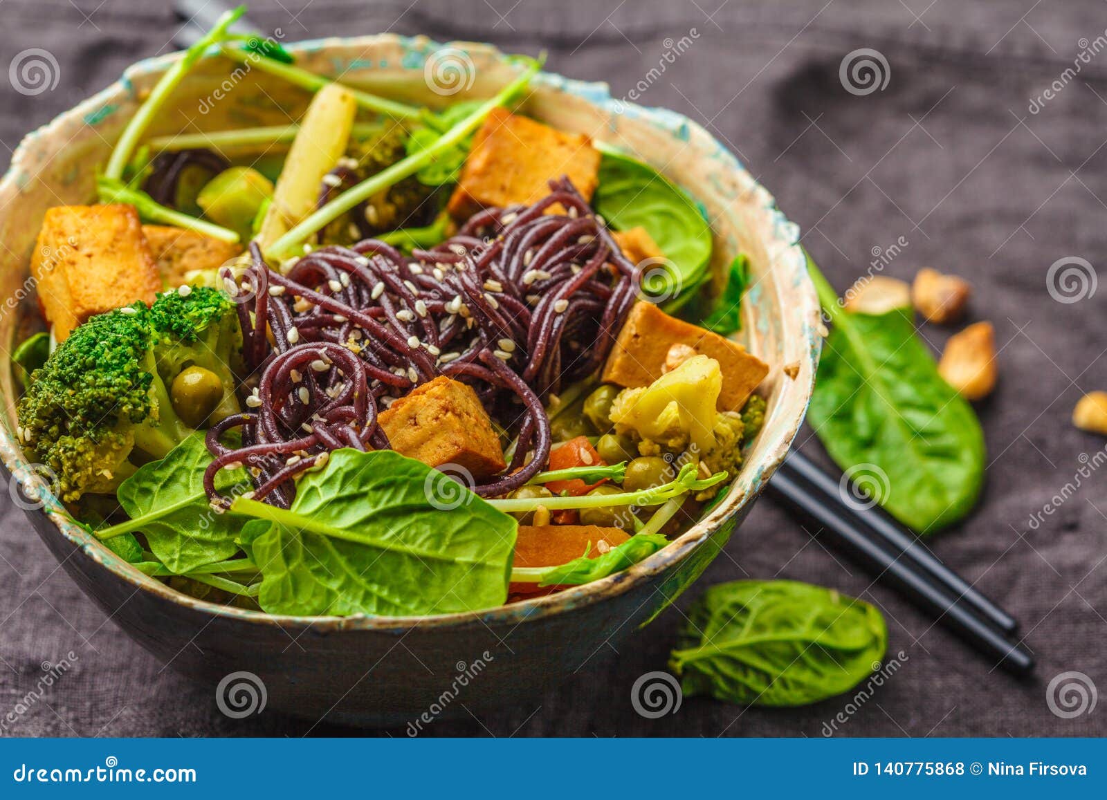 Asian Vegan Stir Fry with Tofu, Rice Noodles and Vegetables, Dark