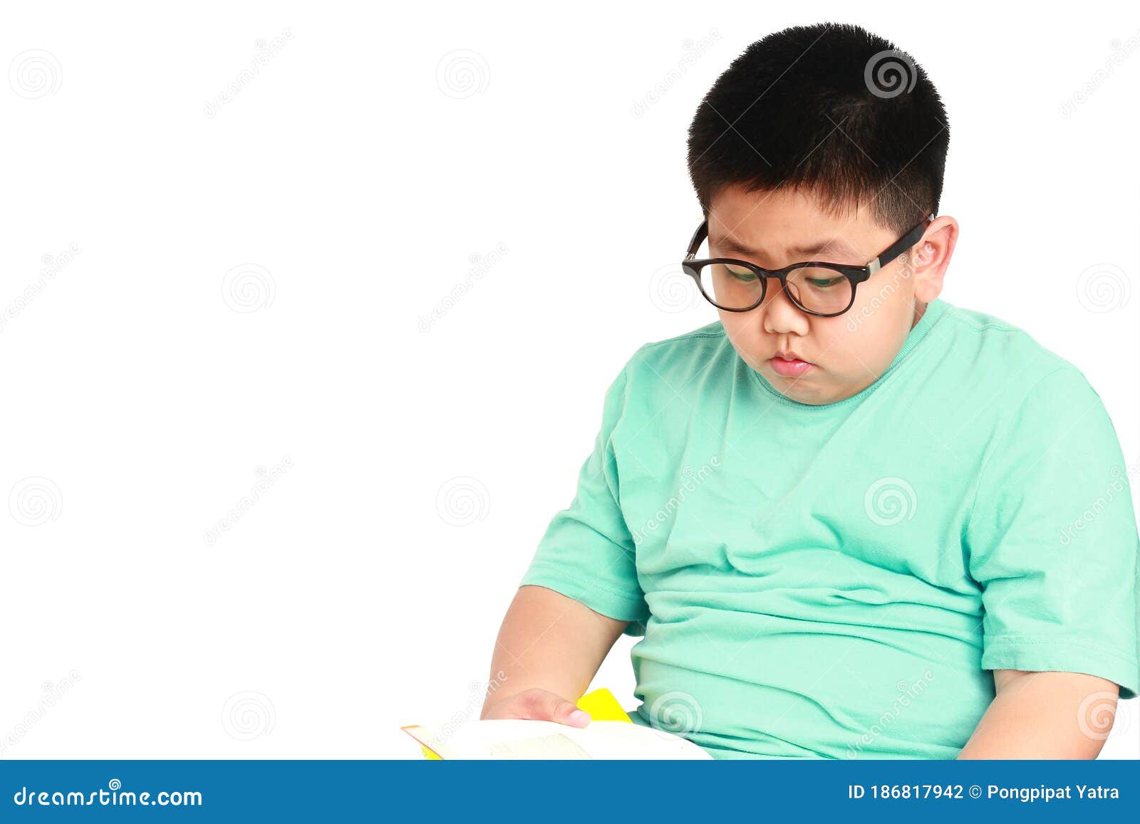 Asian White Fat Boy Wearing Glasses Reading White Background. Stock Photo -  Image of kids, perfectionist: 186817942