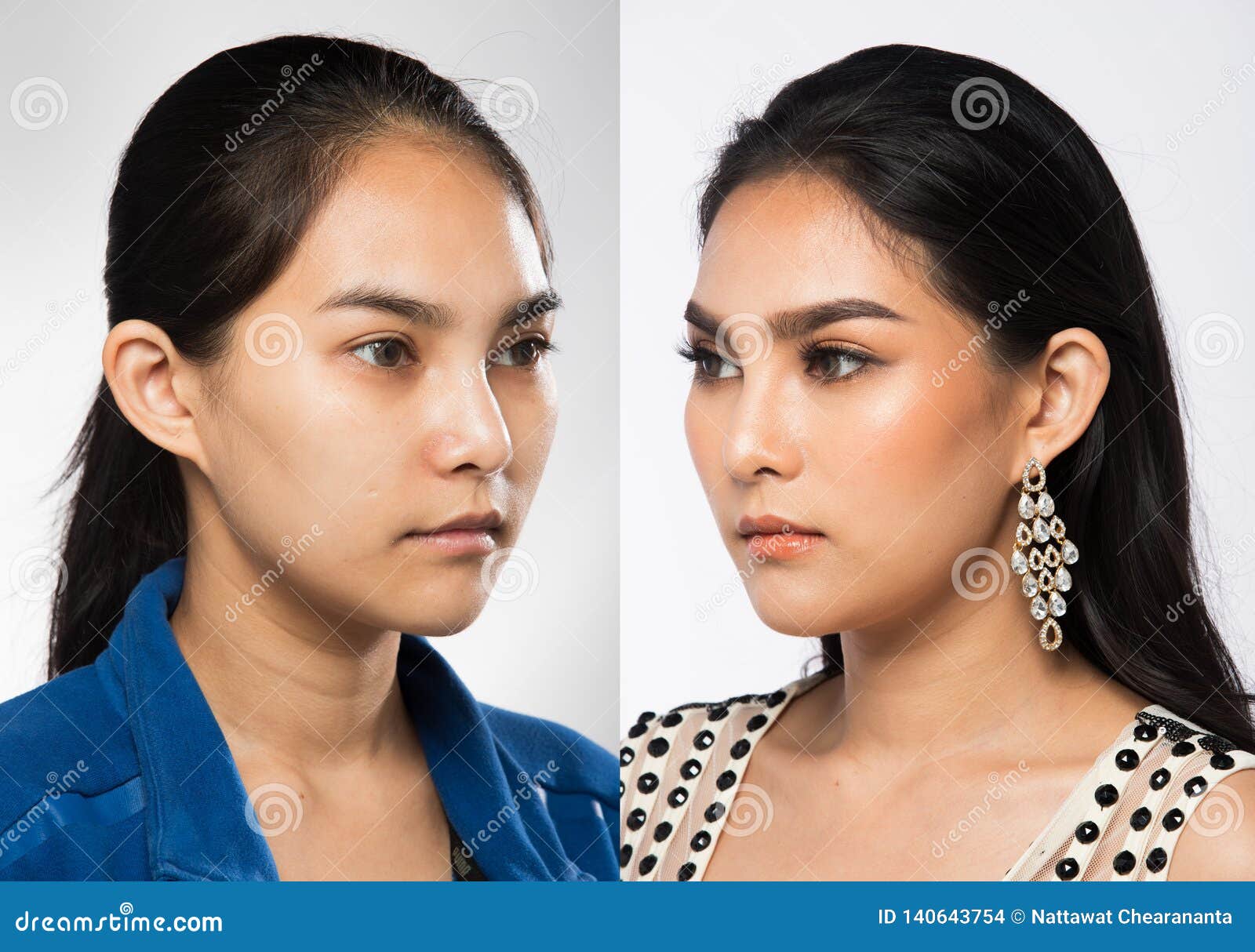 Asian Woman before after Applying Makeup Hairstyle Stock Photo - Image of  makeover, hair: 140643754
