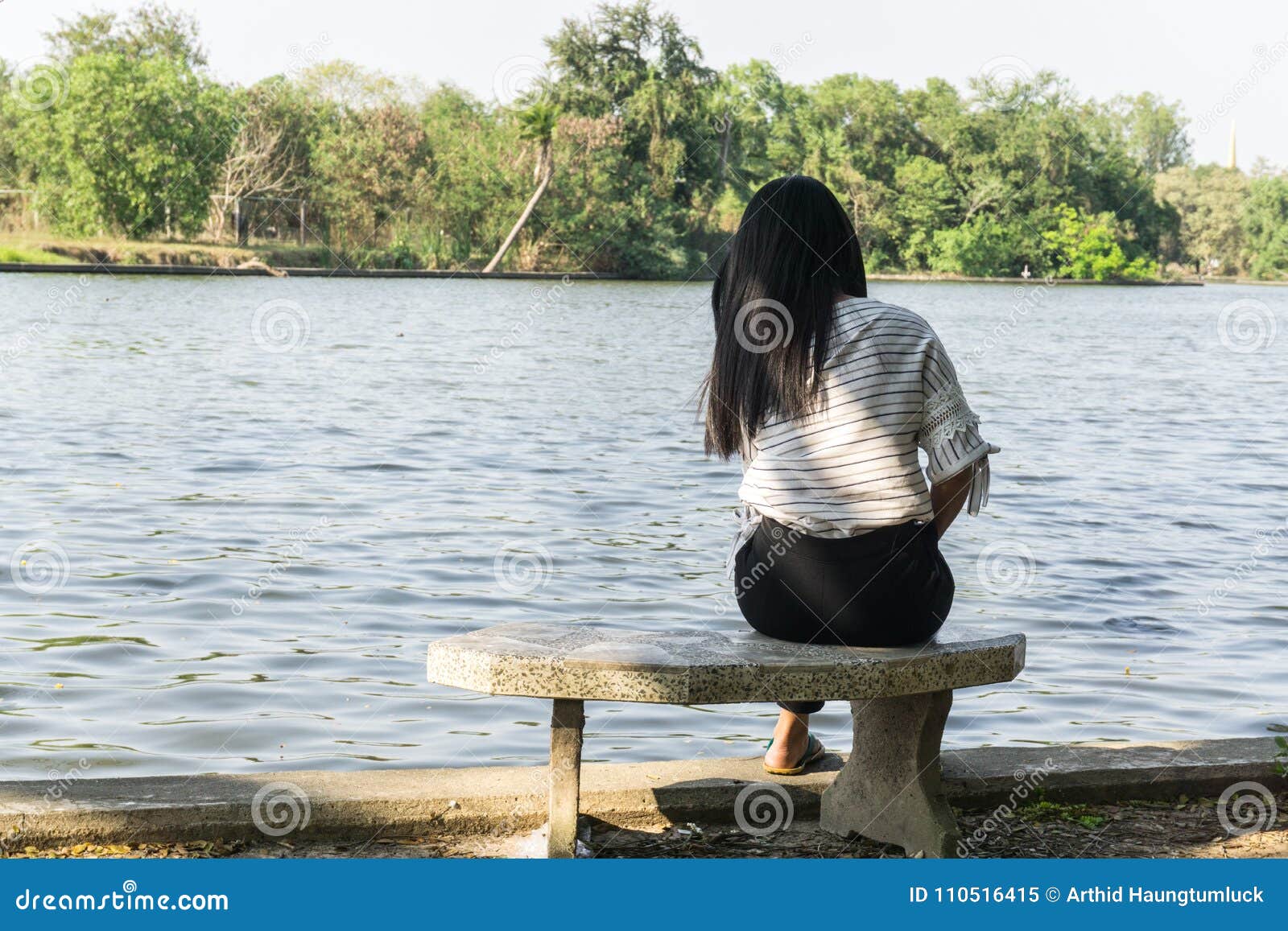 Asian Woman on a Chair Sitting Alone at the River., Bridge and Lake  Background Stock Image - Image of bridge, blue: 110516415