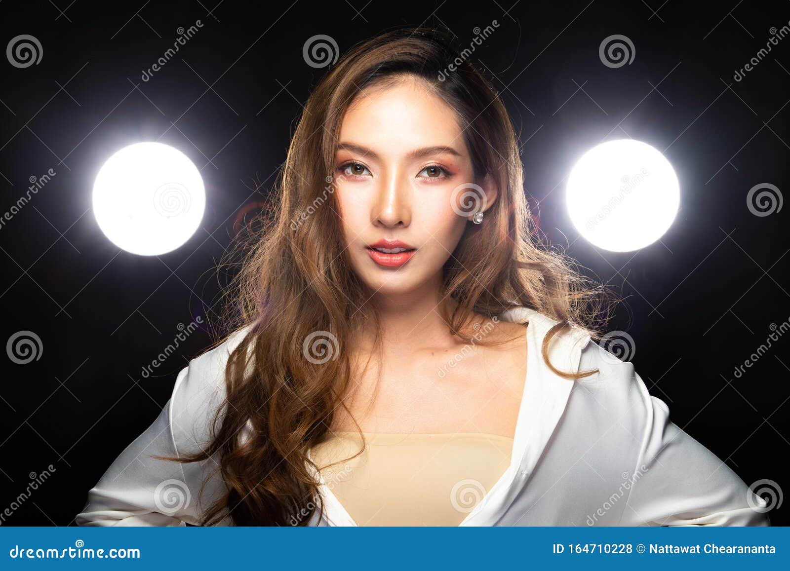 Asian Woman Curl Blonde Hair Style Throwing Flying Stock Photo