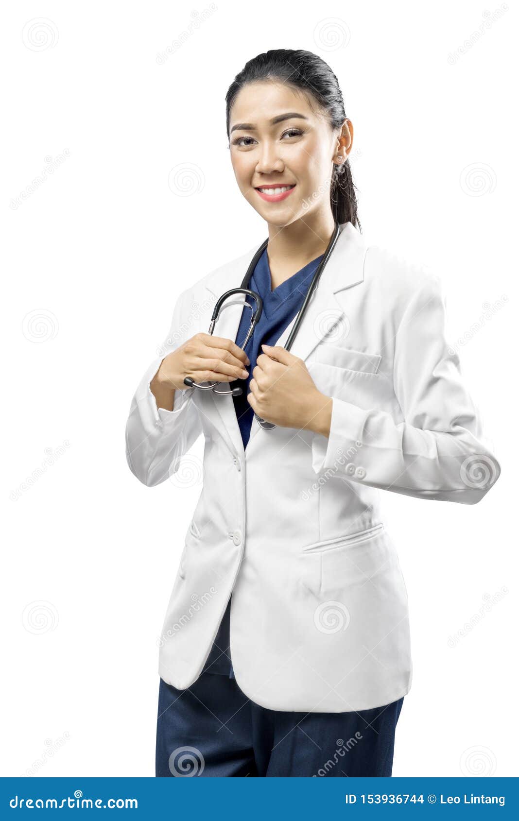 Asian Woman Doctor In A White Lab Coat Holding Stethoscope On Her Hands