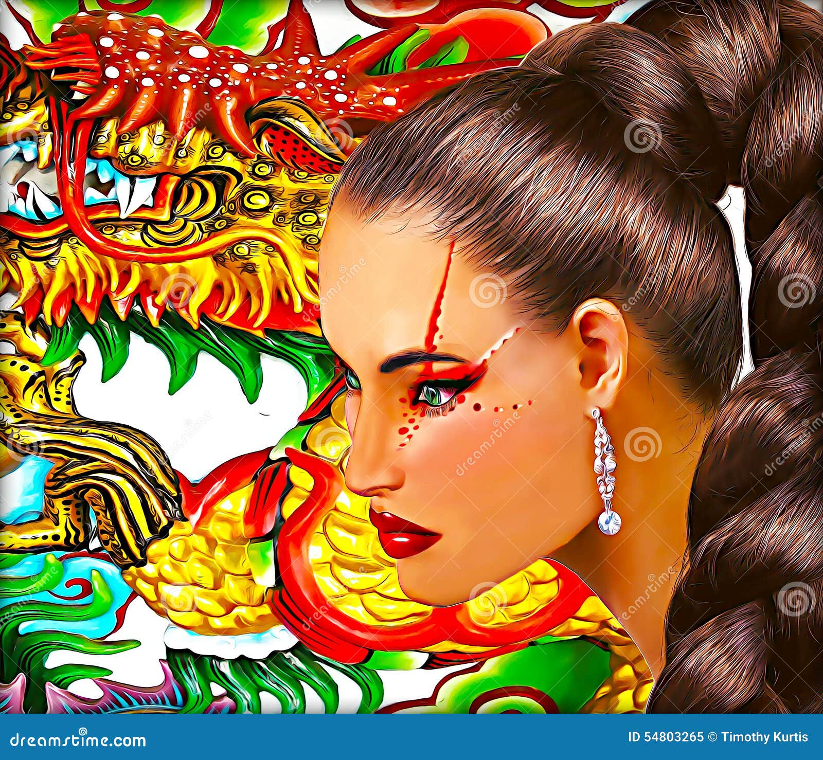 Asian Woman with Dragon Background Long Pony Tail Hairstyle and Colorful  Makeup Stock Image  Image of attractive cosmetics 54803265