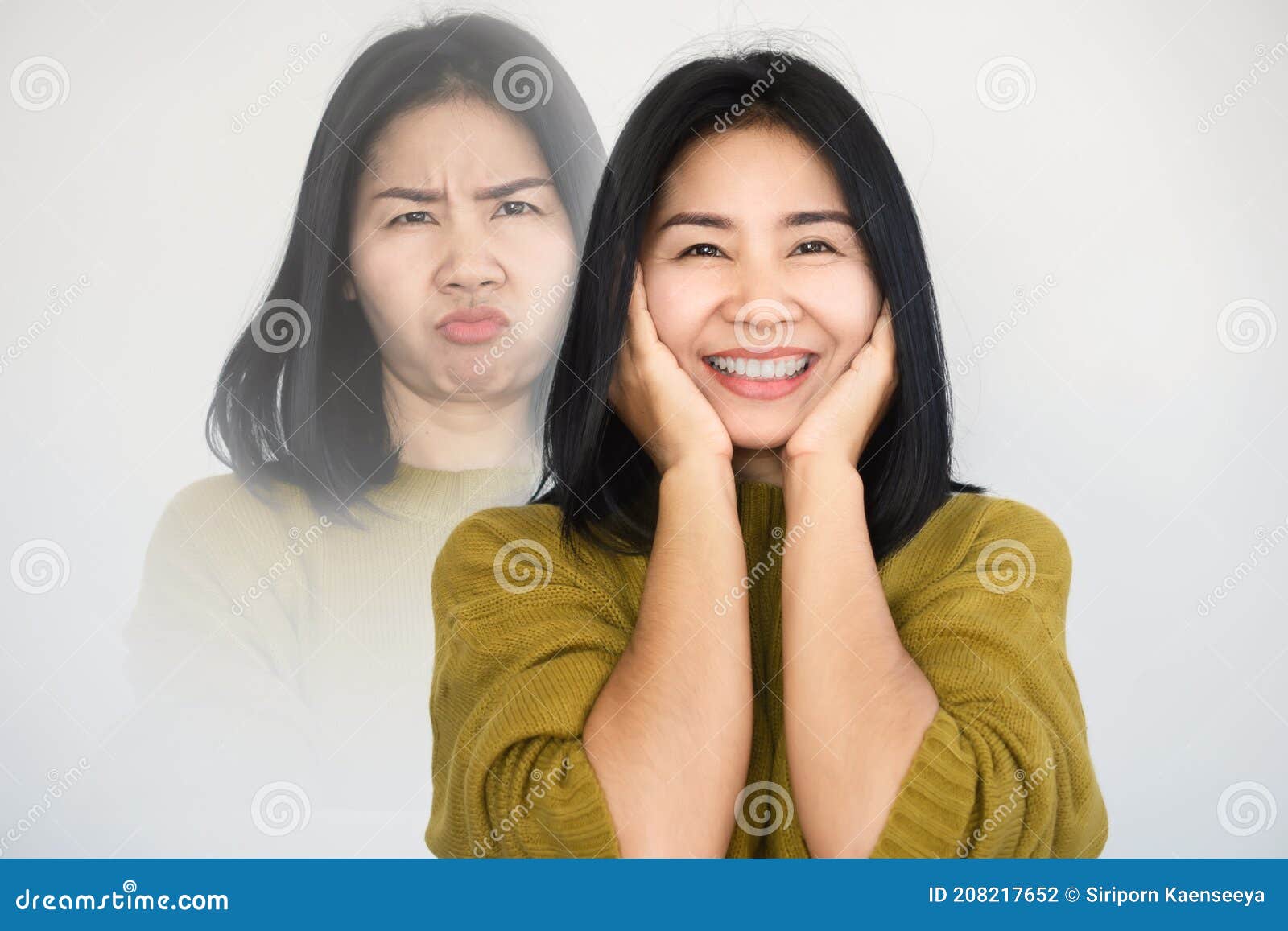 asian woman having double personality ,mood swings or bipolar disorder with different emotions moody, happy face