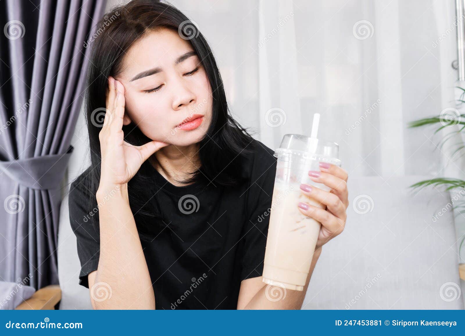 Closeup Asian Woman Having A Headache And Dizzy After Drinking Ice Coffee Headache Triggered By