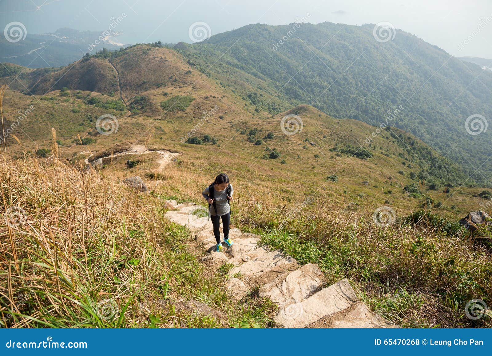 Asian Woman Hiking To Top of the Mountain Stock Photo - Image of rock