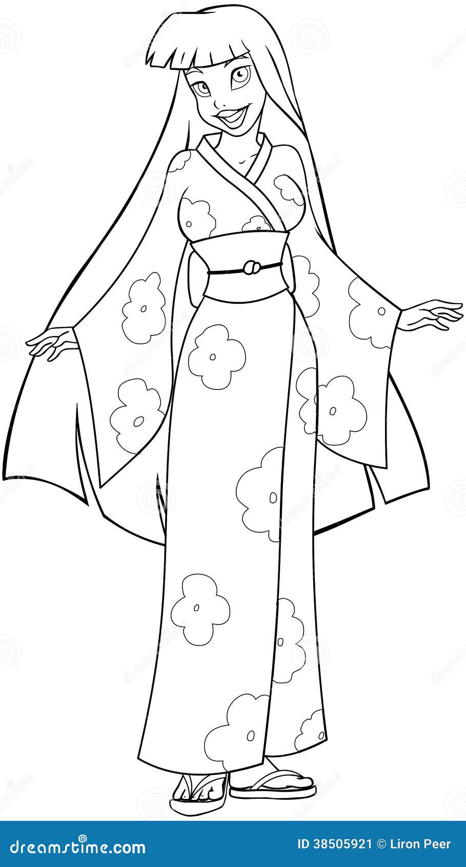 Asian Woman In Kimono Coloring Page Stock Vector - Illustration of