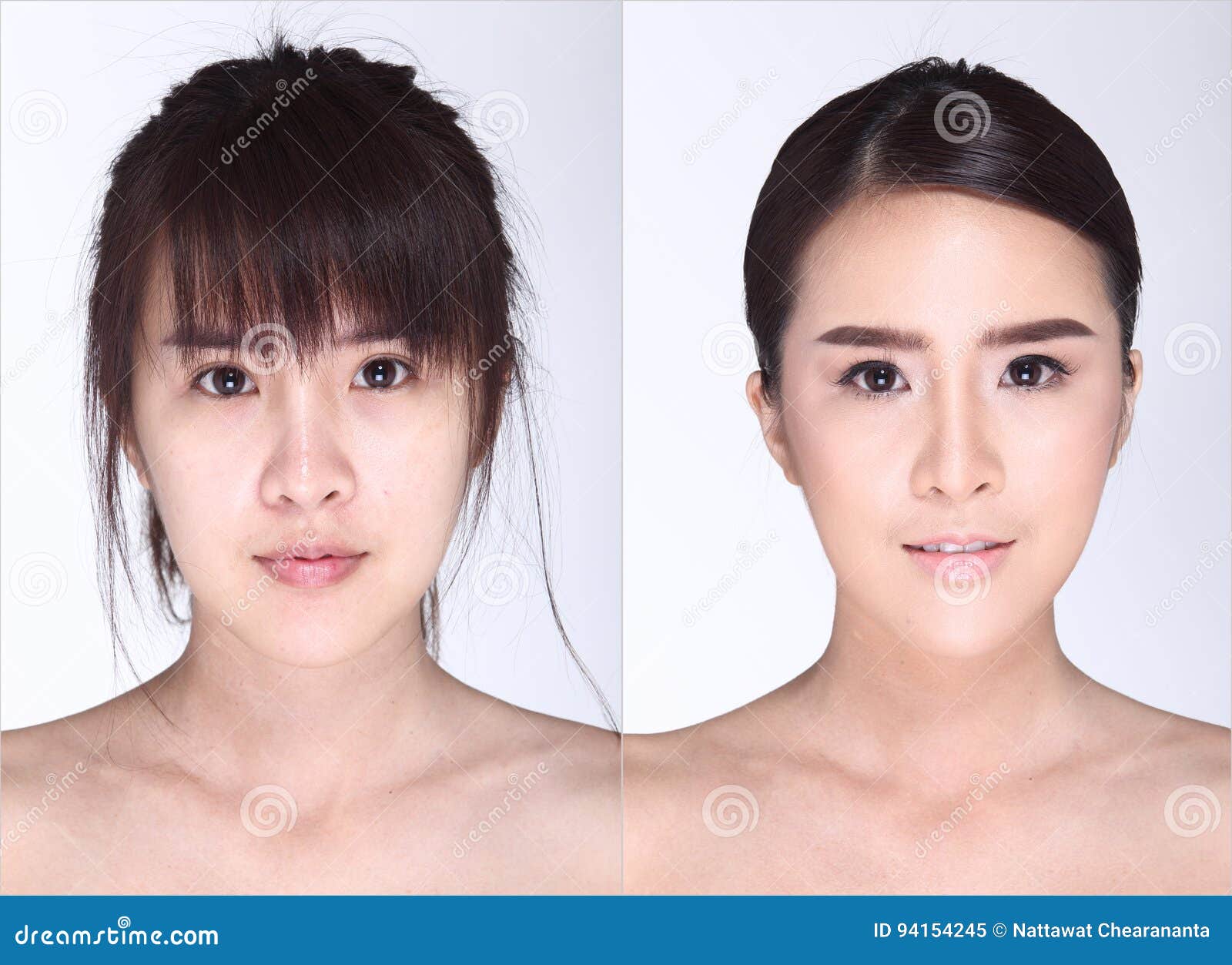 Asian Woman before after Make Up Hair Style. No Retouch, Stock Image -  Image of asia, face: 94154245