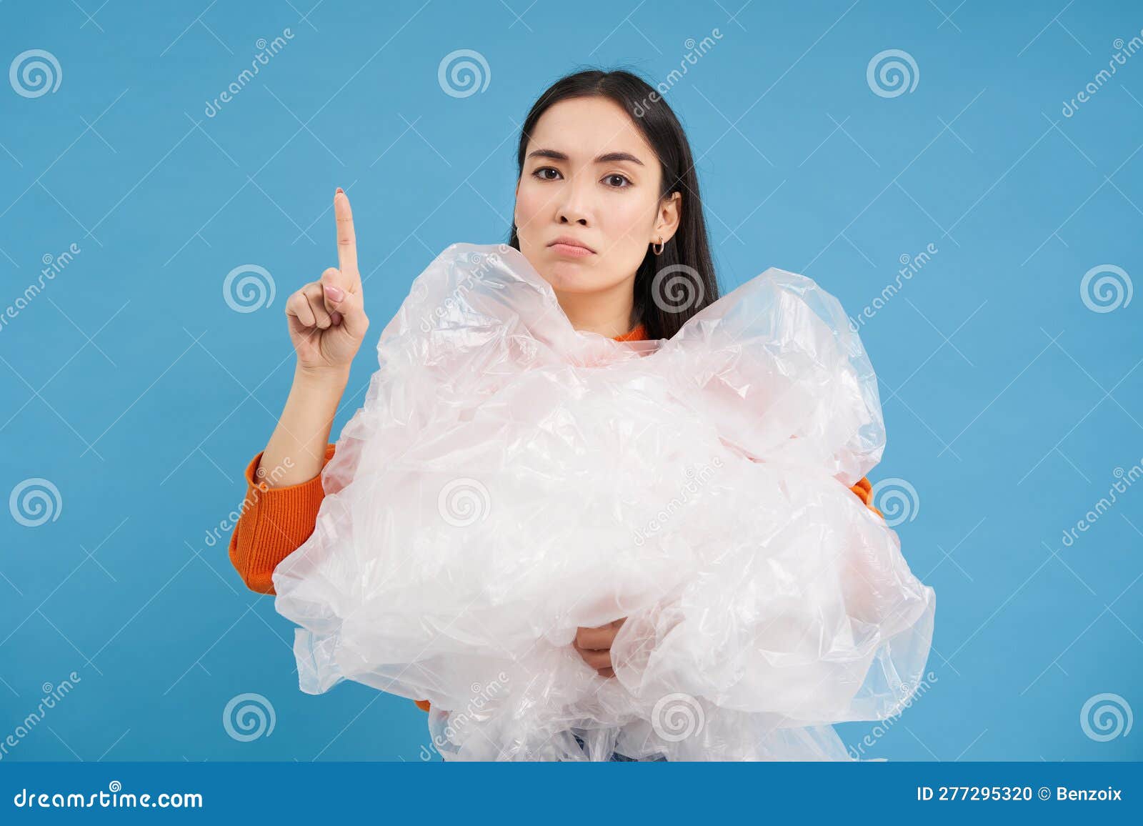 Asian Woman with Plastic Bags, Recycling Waste in Hands, Points Up ...