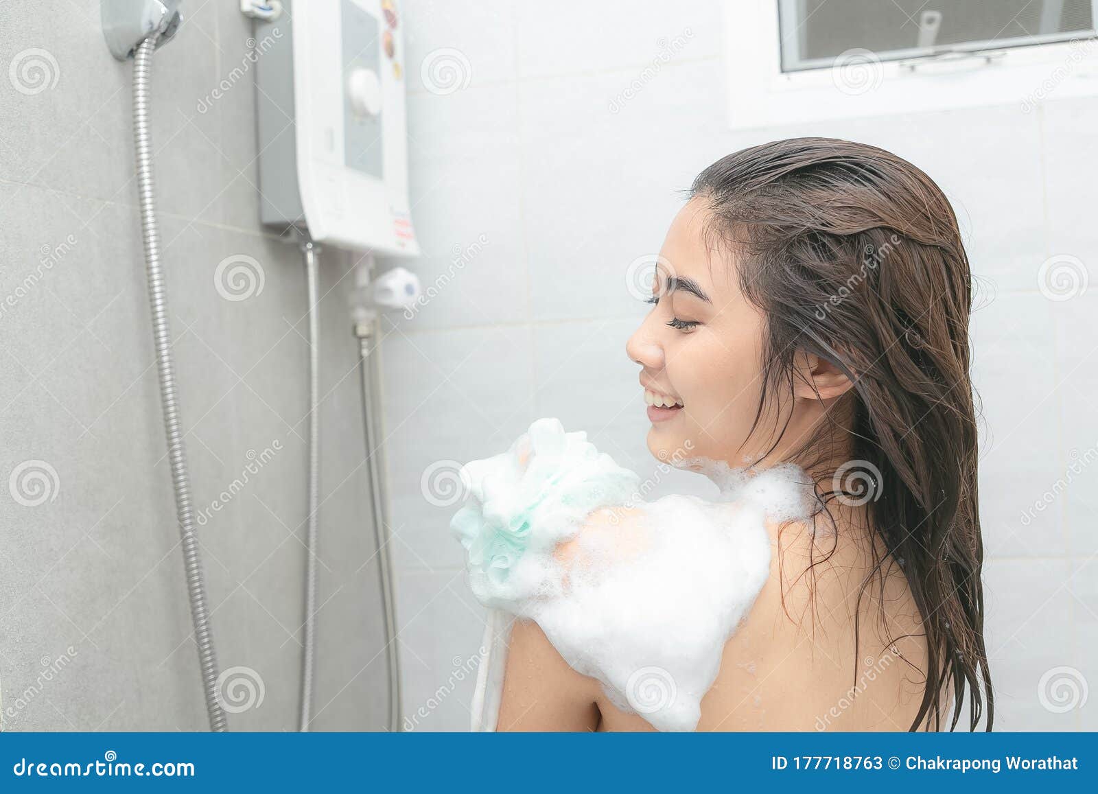 Asian Women Portrait Of Happy Girl Taking Shower With Gel Stock Image