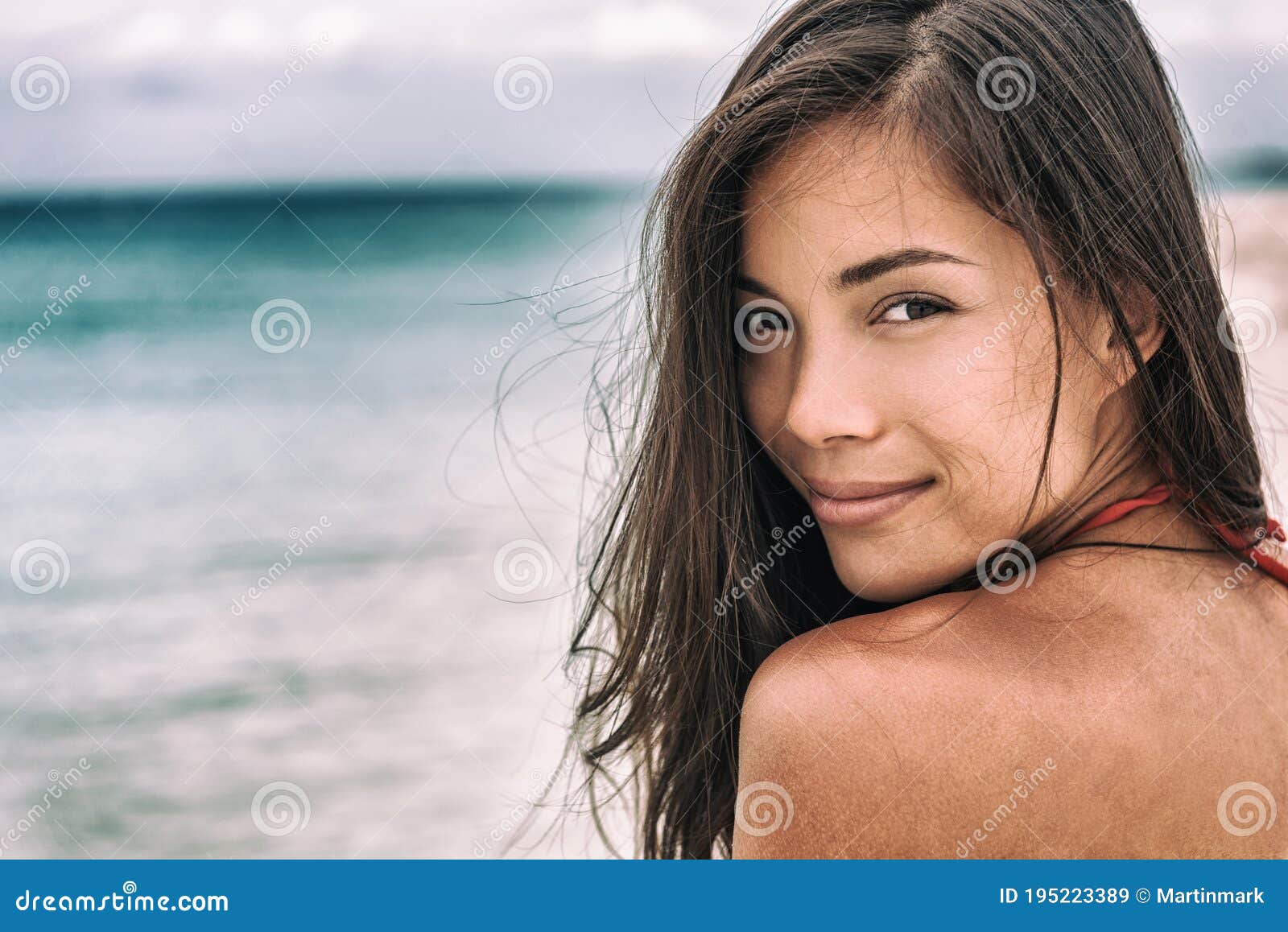 Asian Woman Portrait on Summer Ocean Background . Face Skincare ...