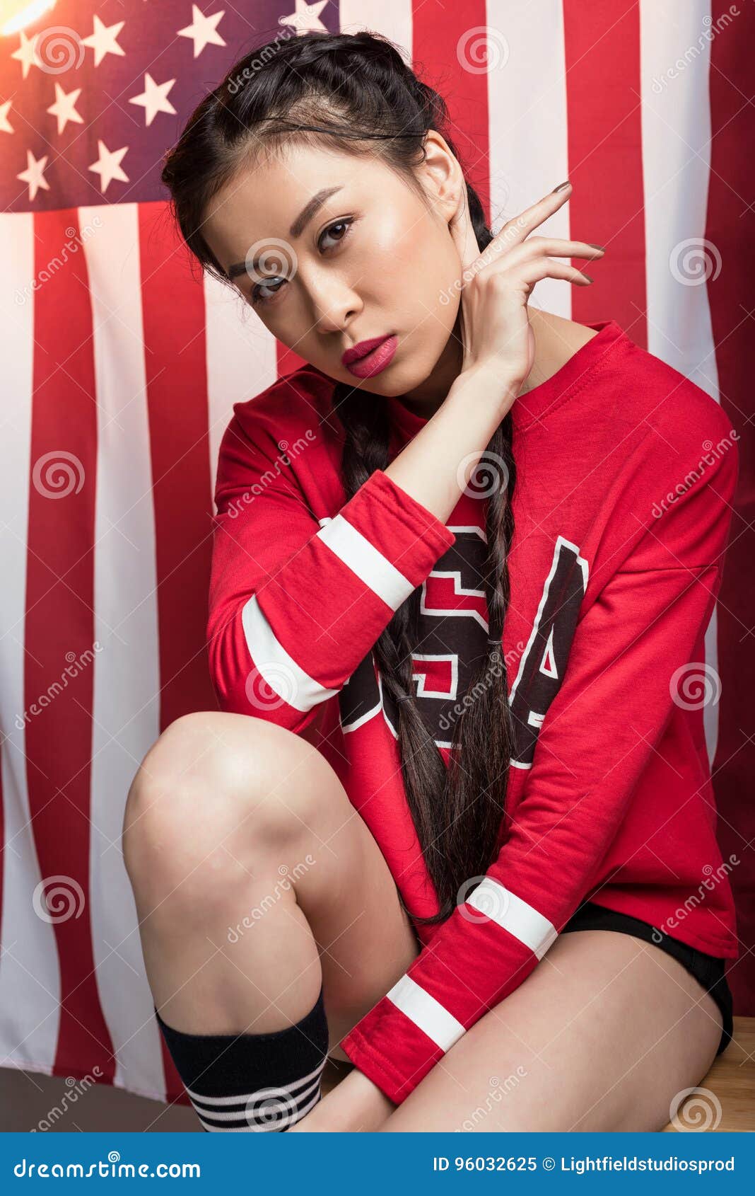 Asian Woman Posing In Front Of Usa Flag Independence Day Of America Stock Image Image Of Sign