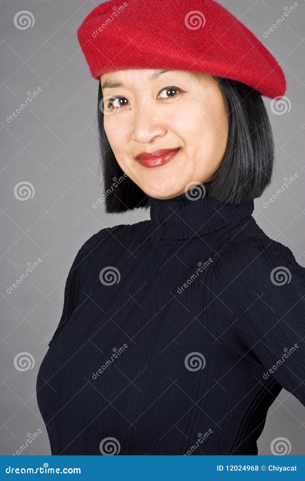 Asian Woman with a Red Beret Stock Photo Image of shinny, fashionable