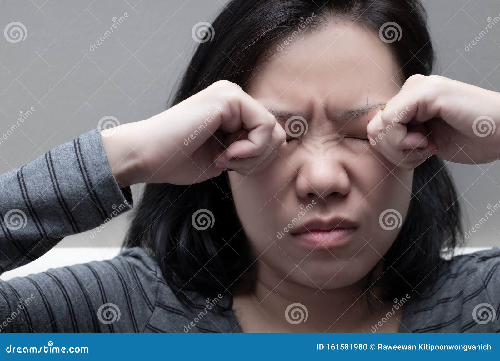 Asian Woman Rubbing Her Eyes By Two Hands Concept Of Eye`s Problem Dust Allergy Dry Eye