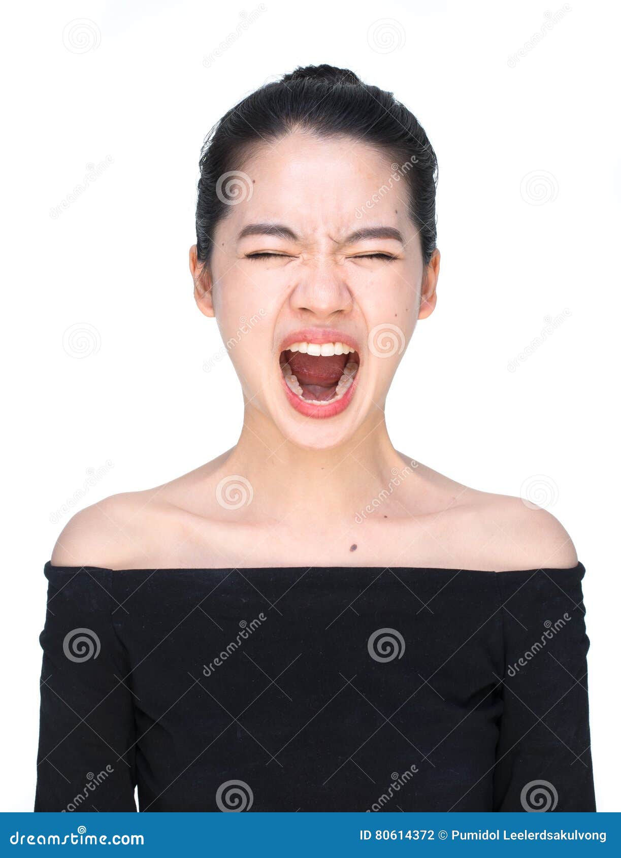 asian woman screaming loudly  on white
