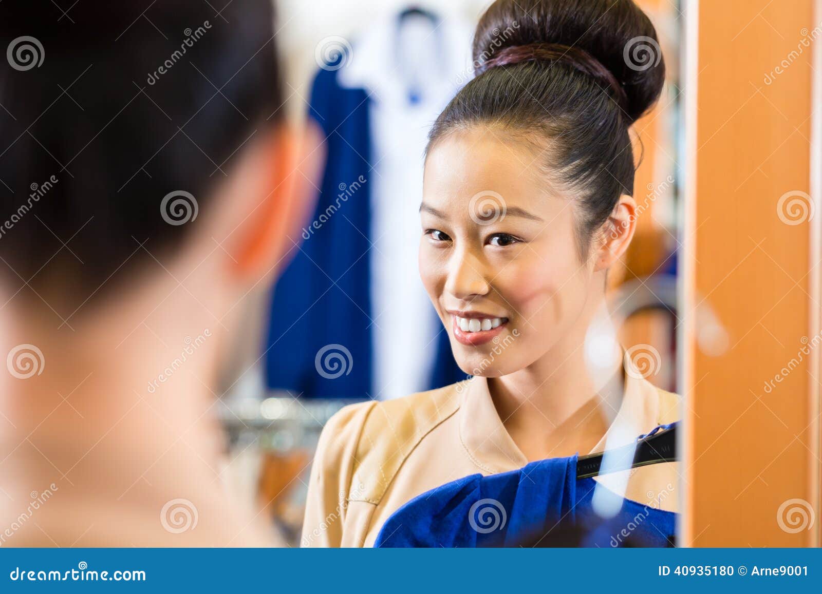 Asian Woman Trying Clothes In Shop Mirror Stock Photo Ima