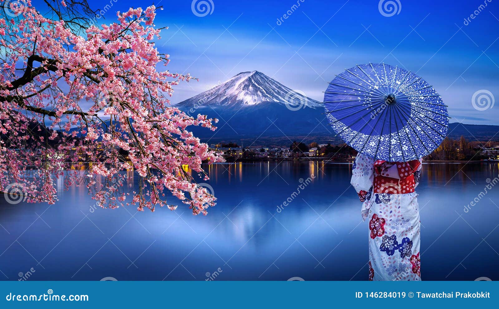 asian woman wearing japanese traditional kimono at fuji mountain and cherry blossom, kawaguchiko lake in japan