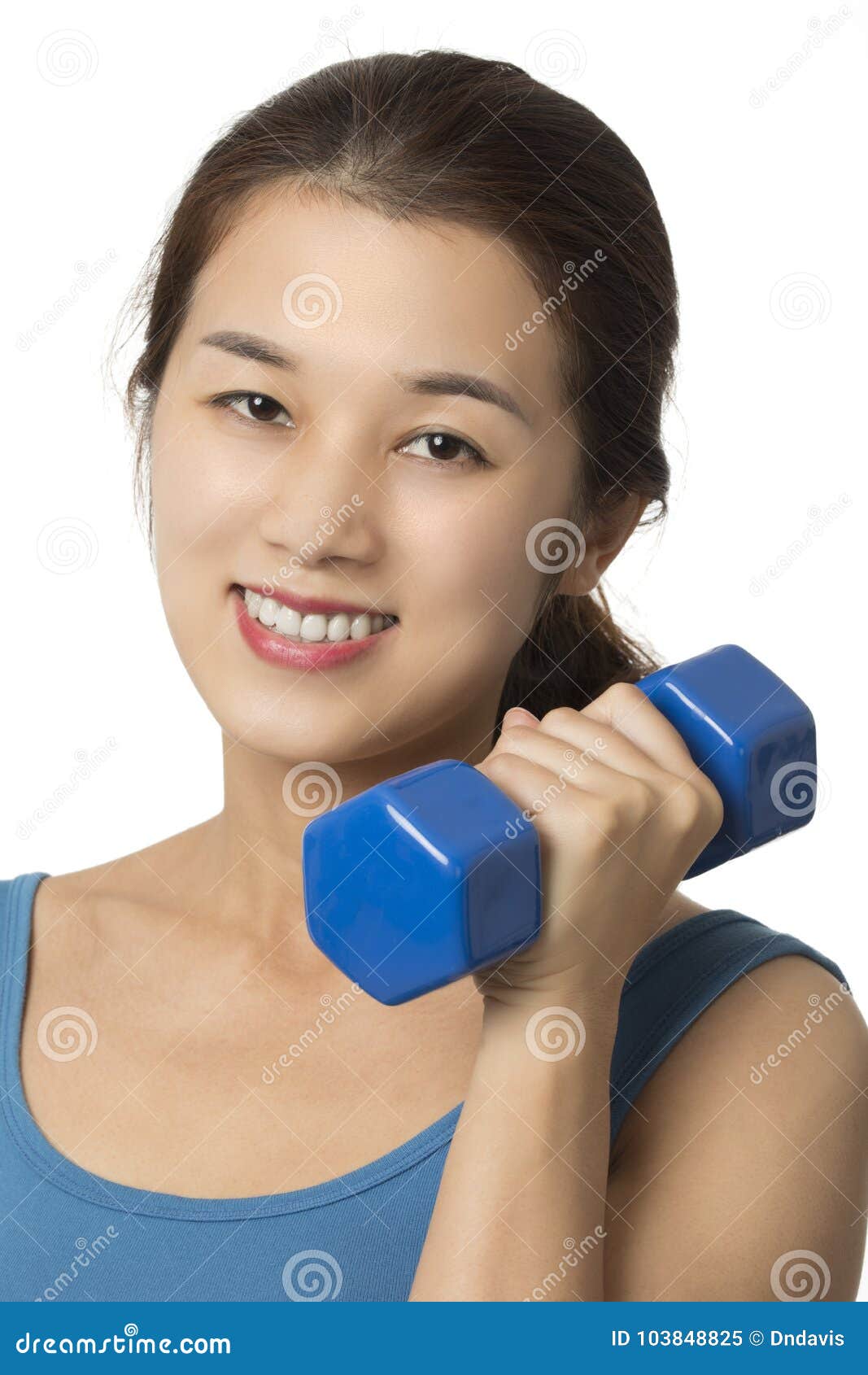 Asian Woman Working Out Using Dumbbell Weights Isolated On