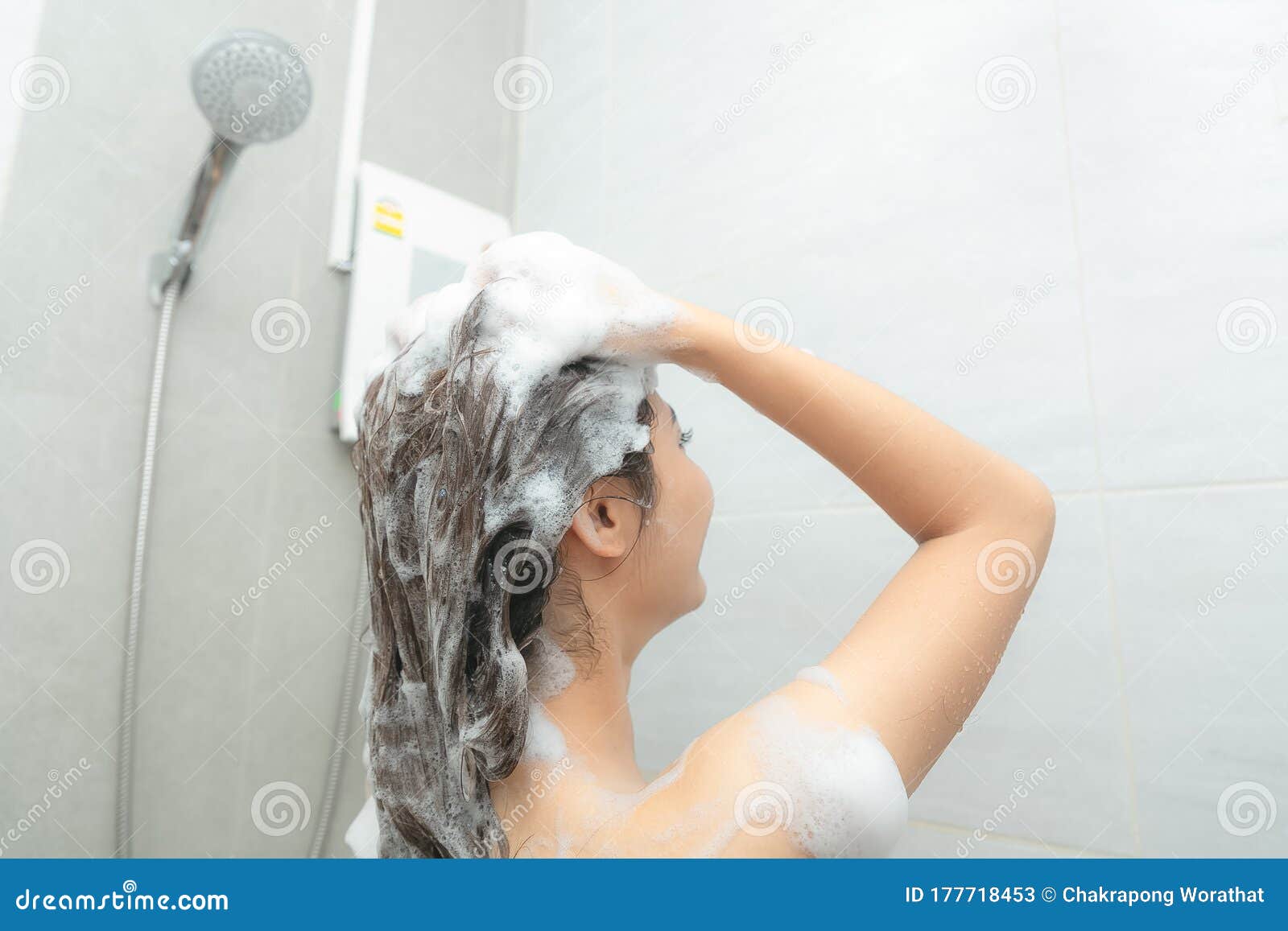 Asian Women Portrait Of Happy Girl Taking Shower With Gel Stock Image