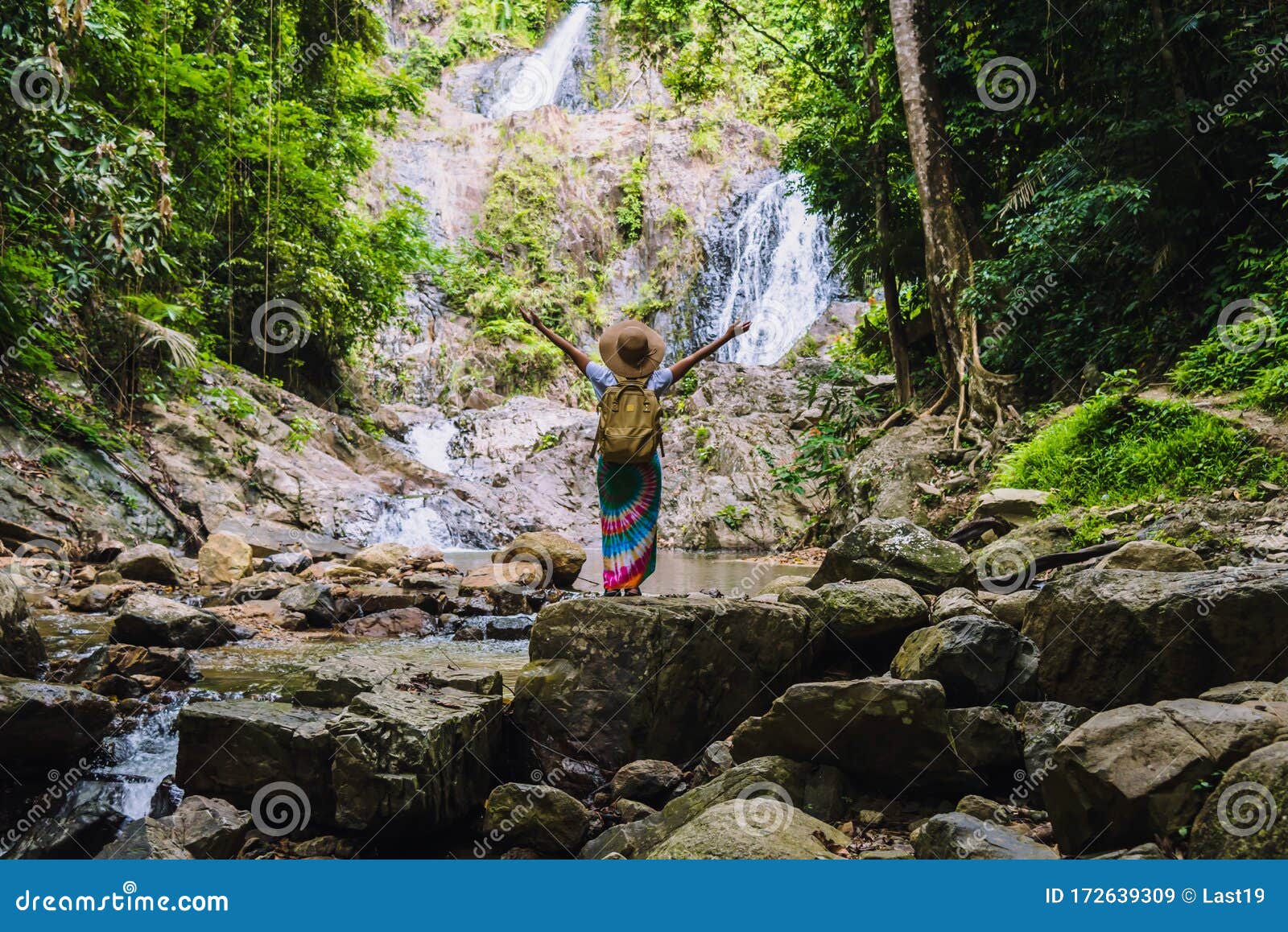 Asian Women Relax in the Holiday. Travel Waterfall on the Moutain Huai ...