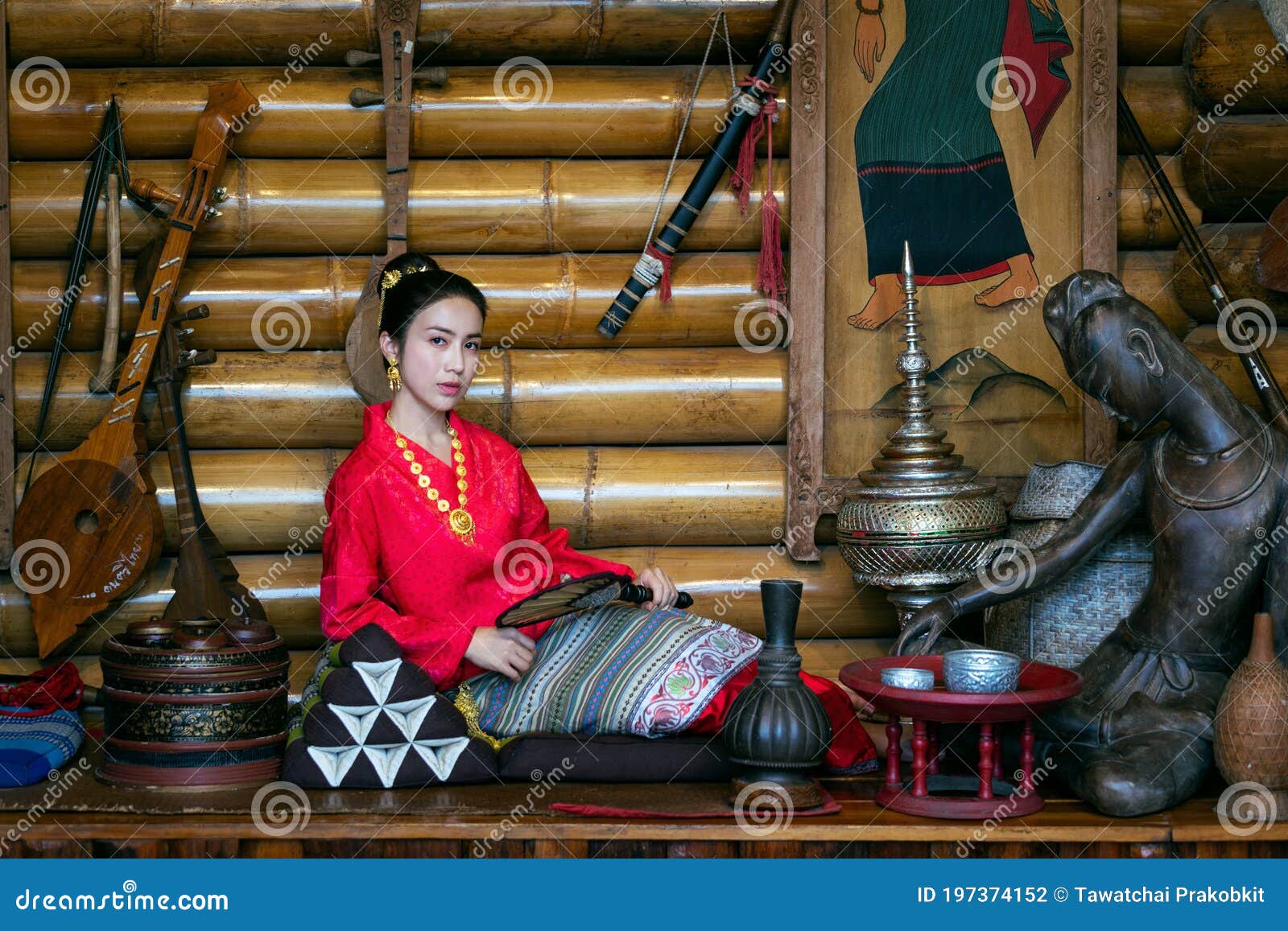 asian women wearing thai dress costume traditional according thai culture and tradition