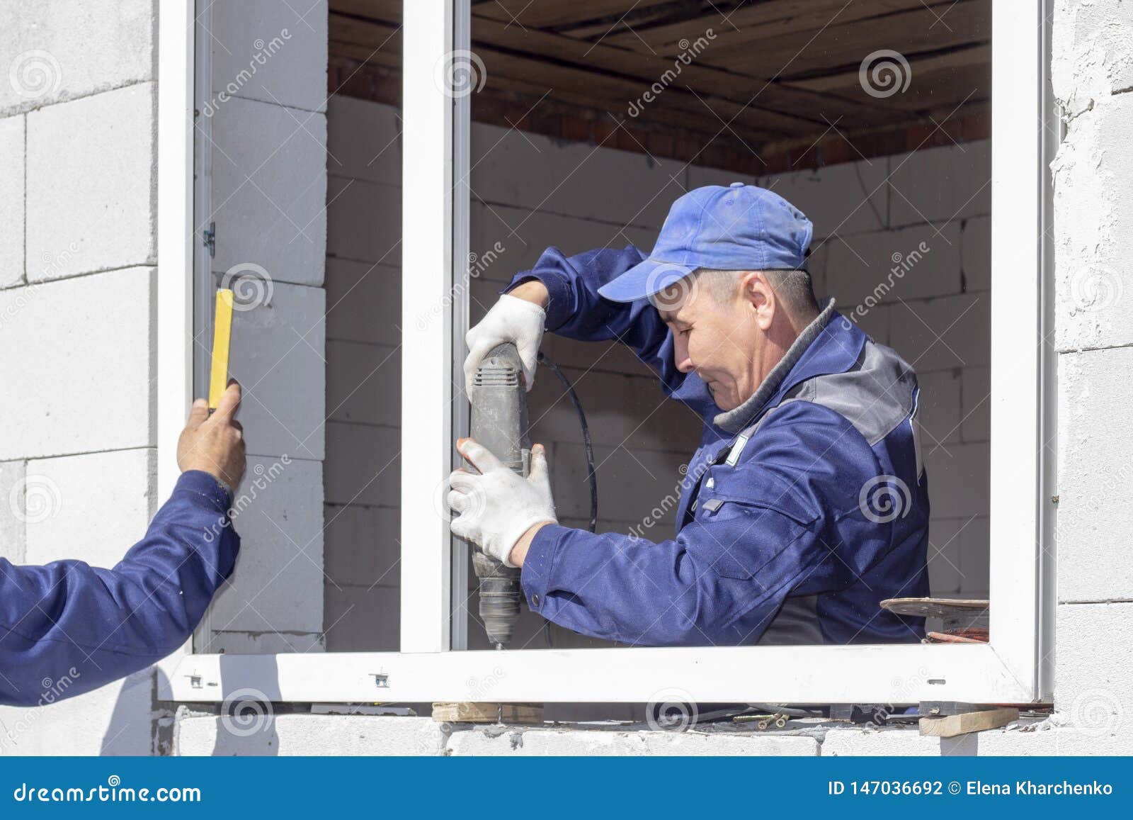 Asian Workers Install Windows To the House Stock Photo - Image of ...