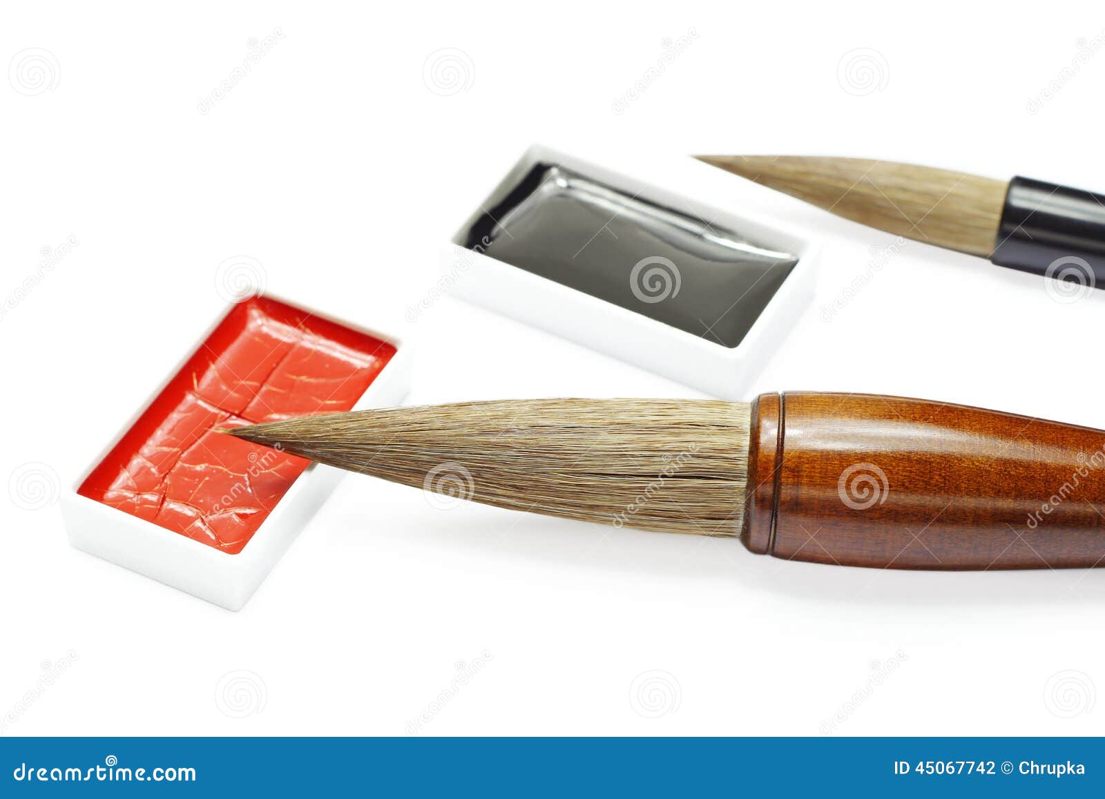 Asian Writing Brushes And Ink For Calligraphy Isolated On White Stock