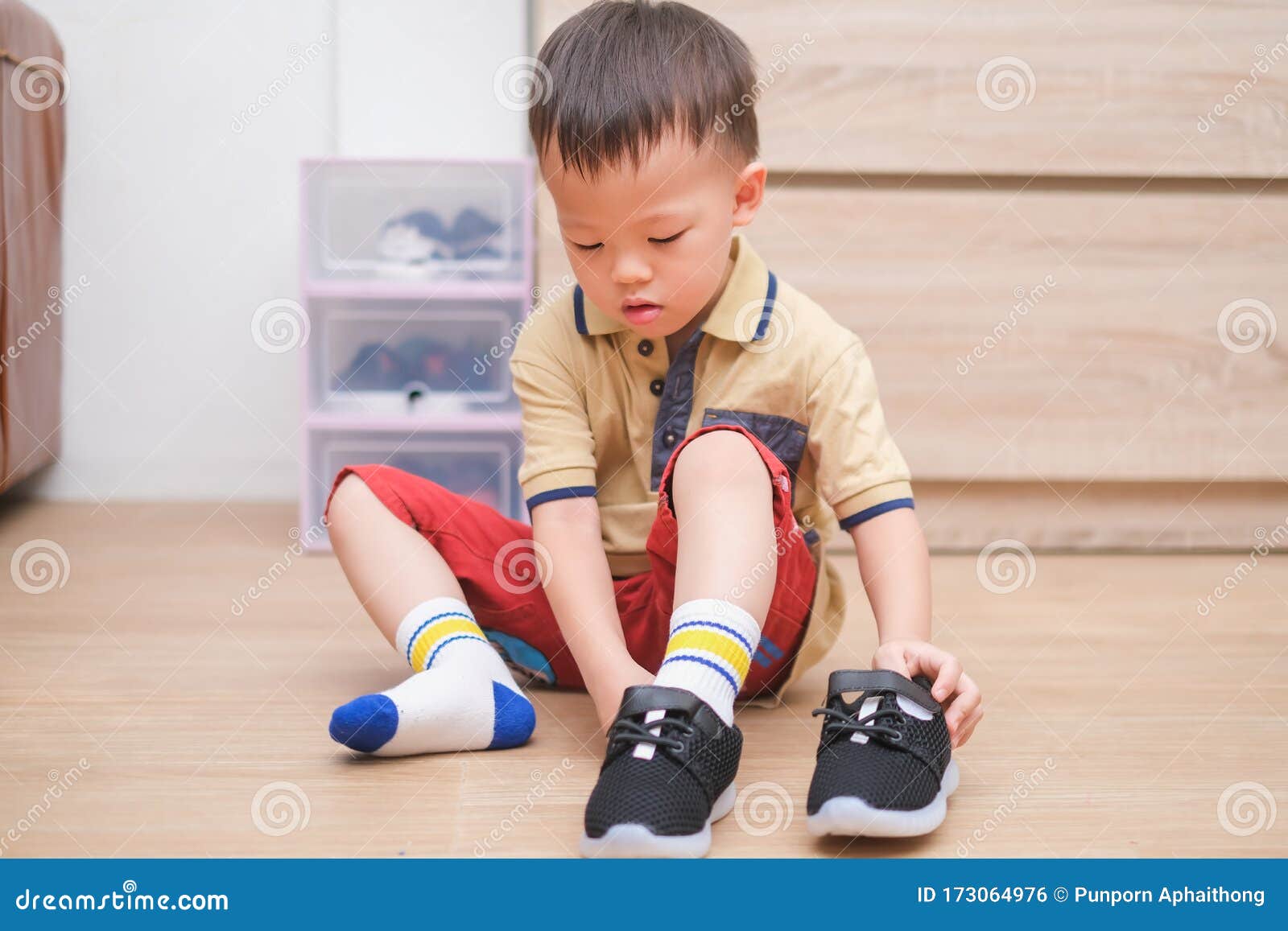 asian 2 - 3 years old toddler boy sitting and concentrate on putting on his black shoes / sneakers
