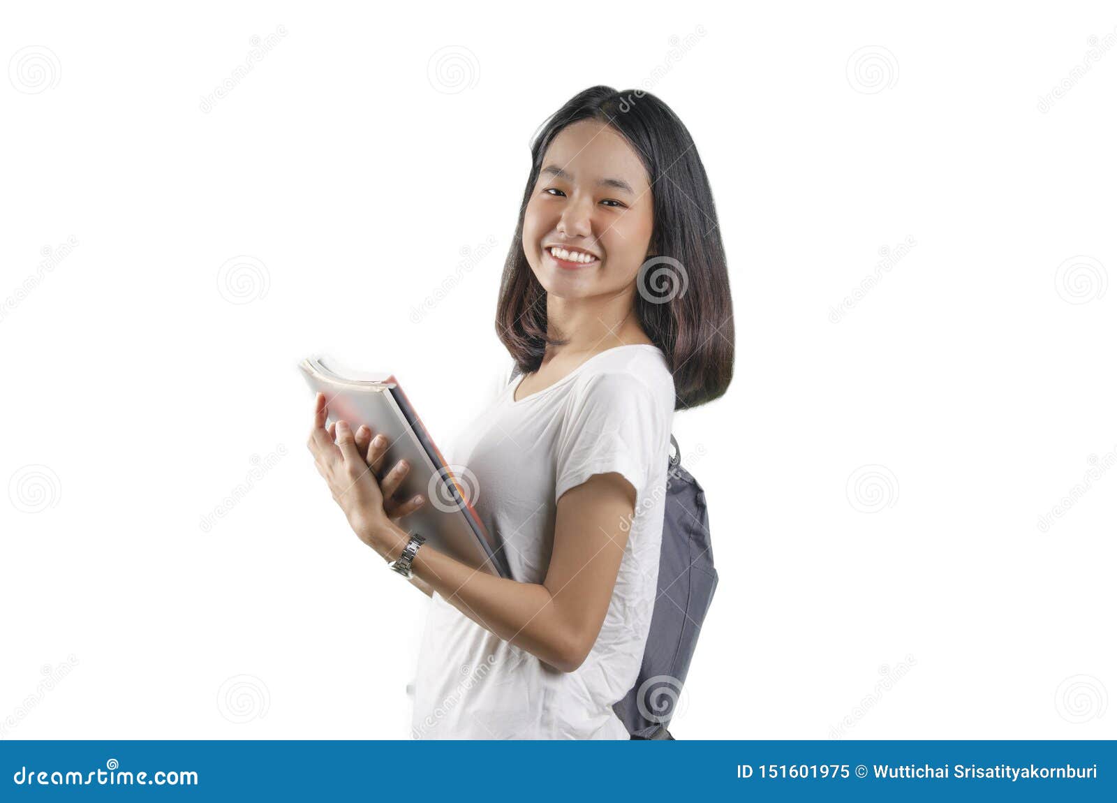 An Asian Young Student Lady With The White Backgroud Stock Image